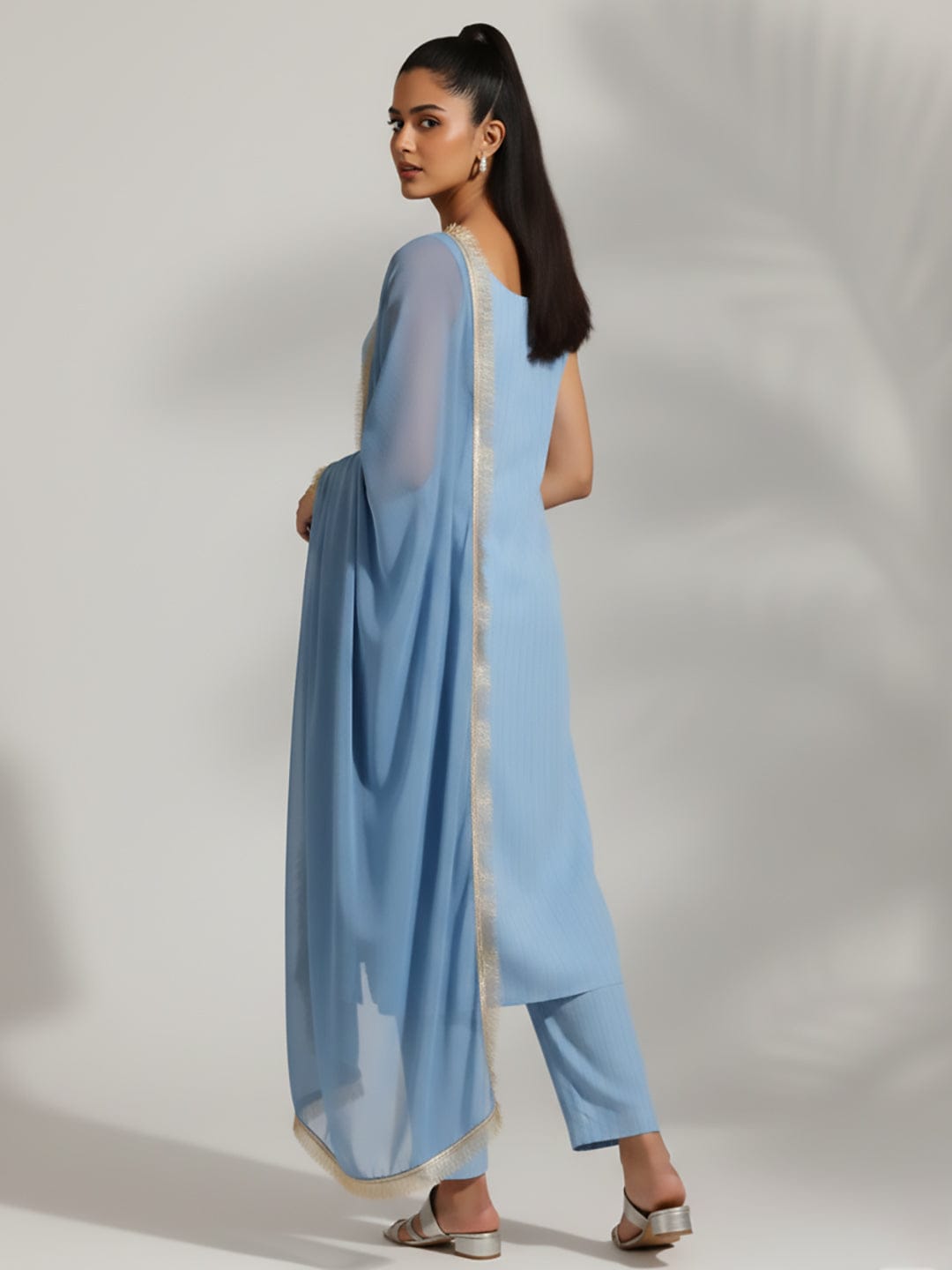 The Kurti Collection Women Blue Straight Kurta With Tonal Bottom & Dupatta