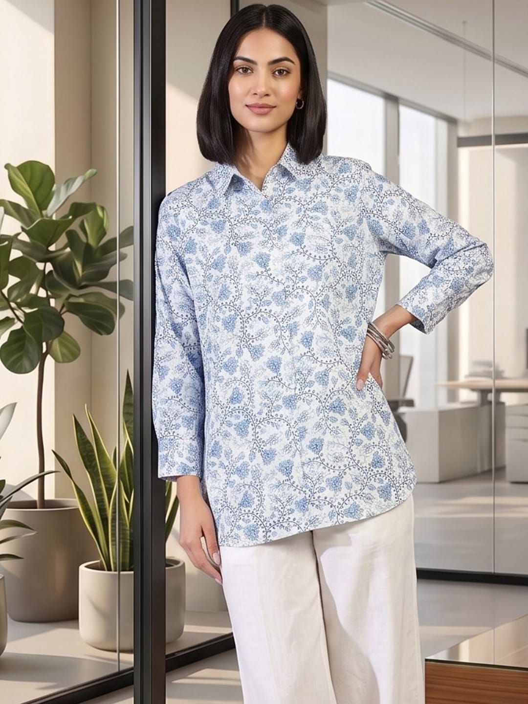 White Coloured Slim Collar Long Sleeves Floral Shirt