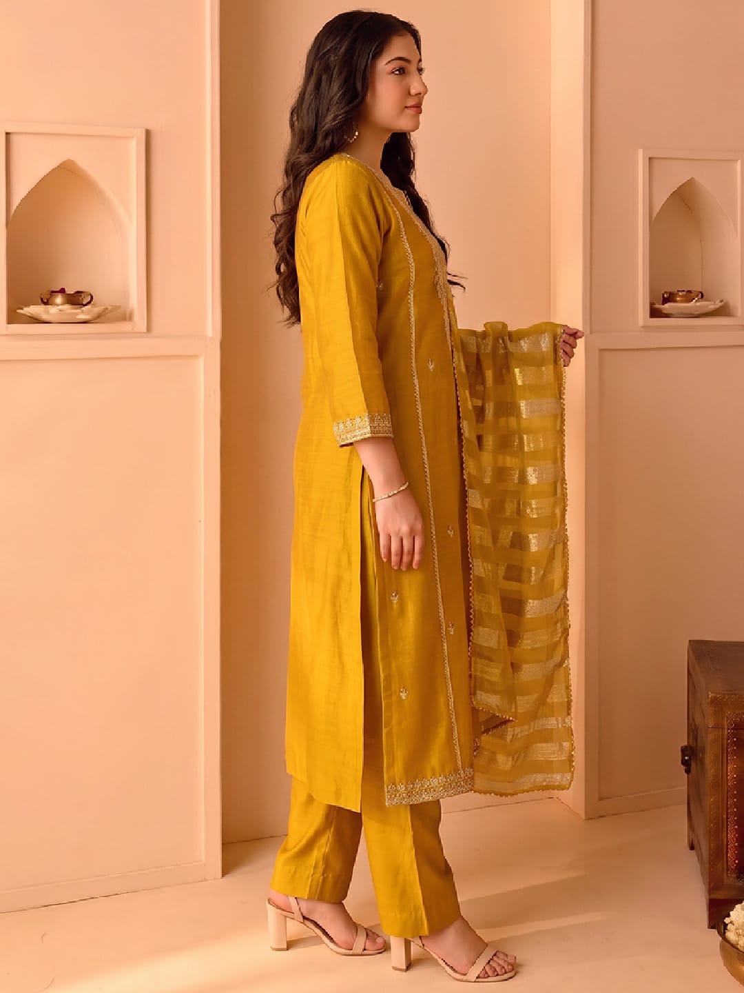 Mustard Embroidered Kurta Set, Paired With A Shiny Striped Dupatta