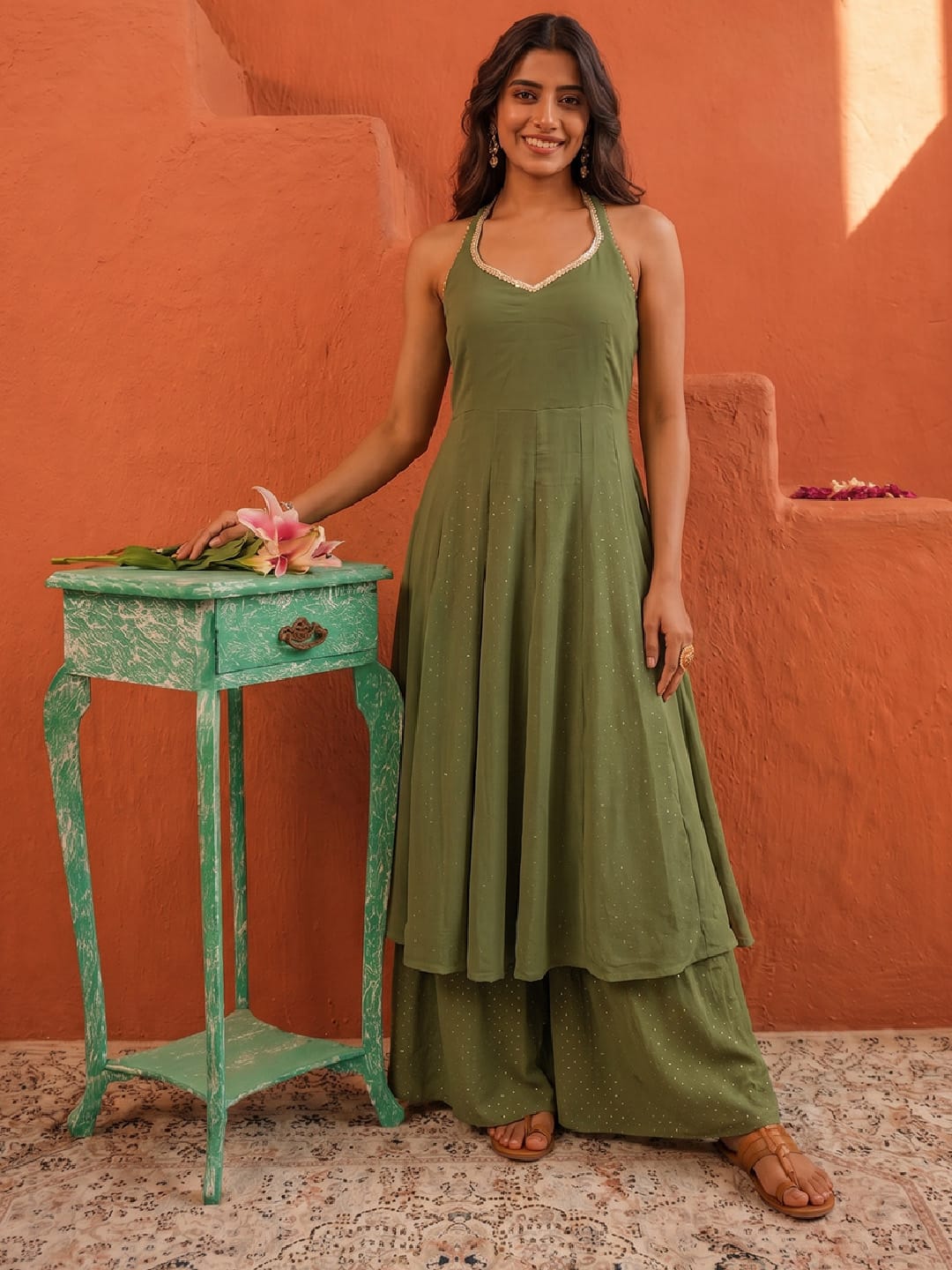 Olive Green Foil-Dot Anarkali Co-Ord Set