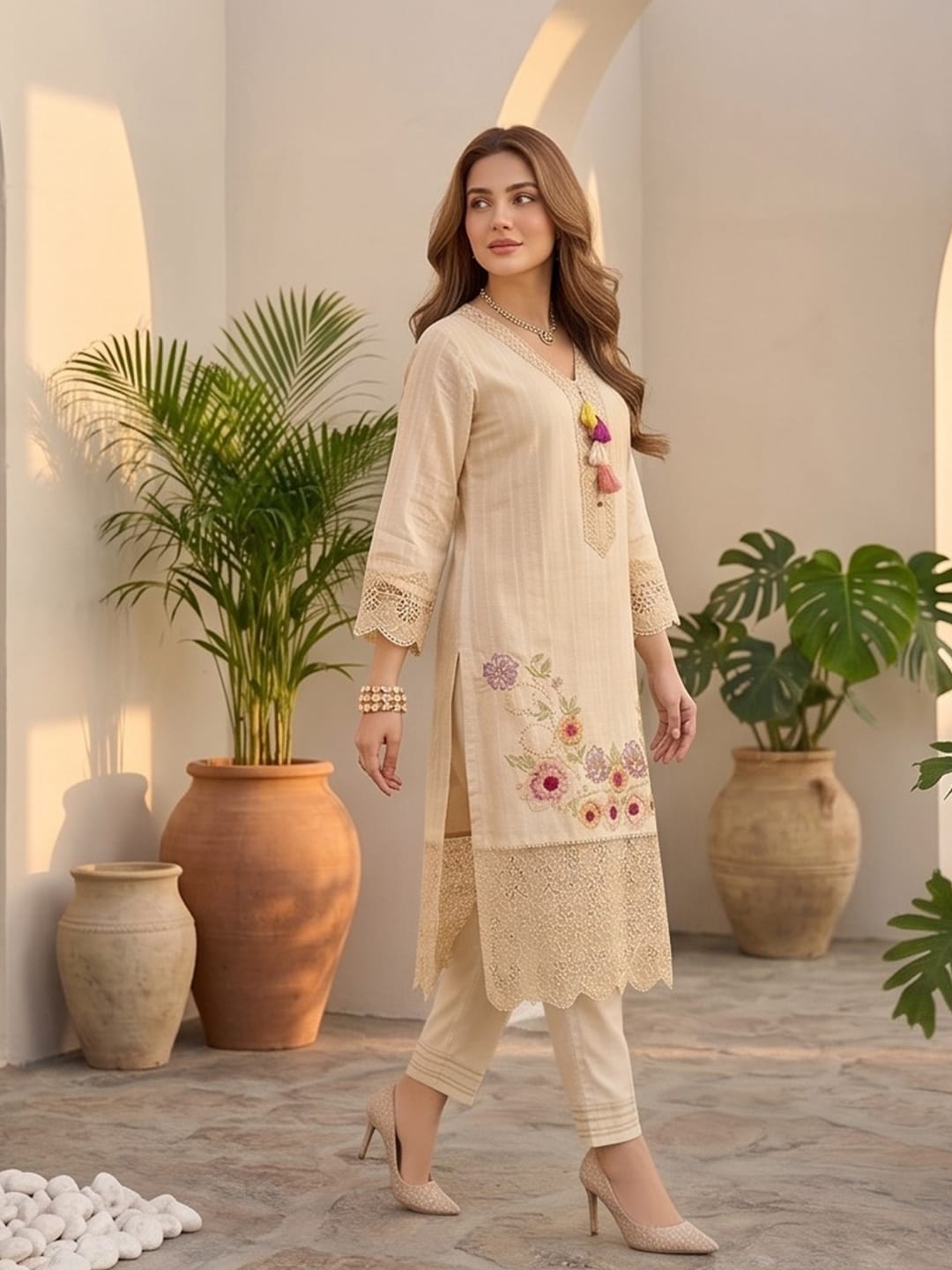 The Kurti Collection Women-Floral Motif Thread Embroidered Kurta With Trouser & Dupatta