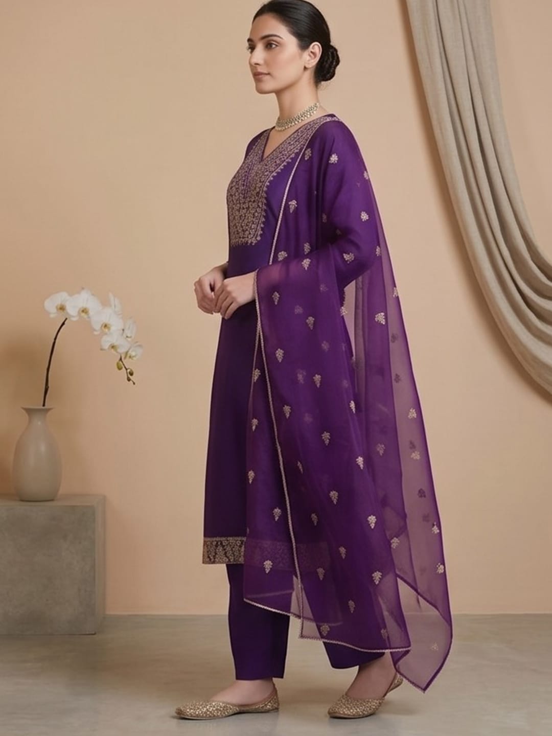 The Kurti Collection Women Zari Embroidered Yoke Kurta With Trouser & Sequins Detailed Dupatta