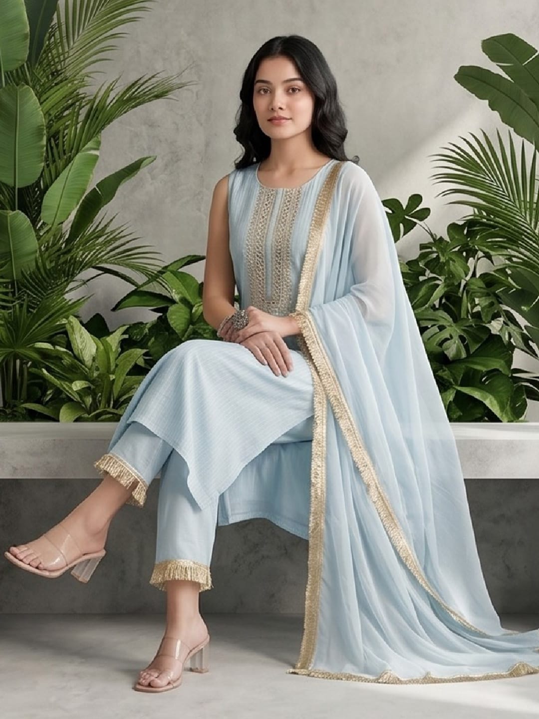 The Kurti Collection Women Blue Straight Kurta With Tonal Bottom & Dupatta