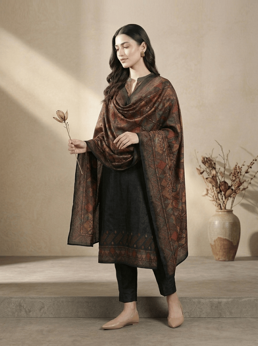 The Kurti Collection Women Black Printed Straight Kurta Paired With Solid Bottom And Printed Dupatta