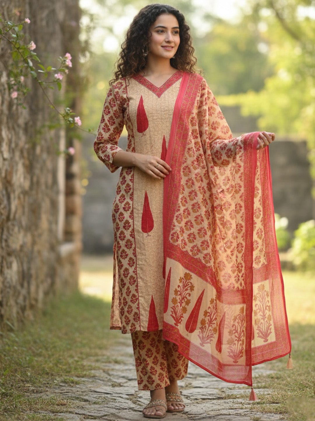 The Kurti Collection Ethnic Rust & White Suit Set
