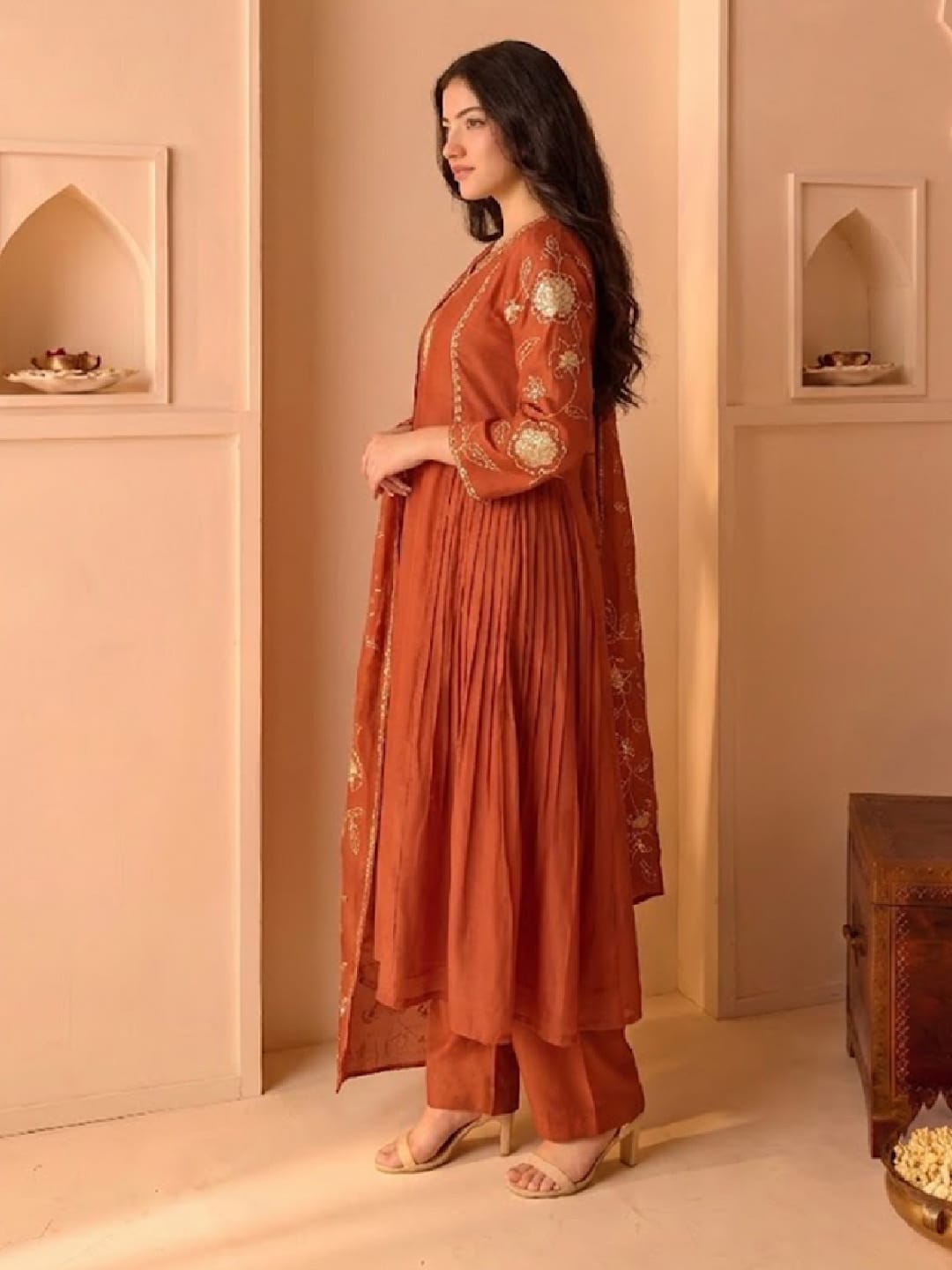 Rust Embroidered Shimmer Kurta Set With Embroidered Dupatta