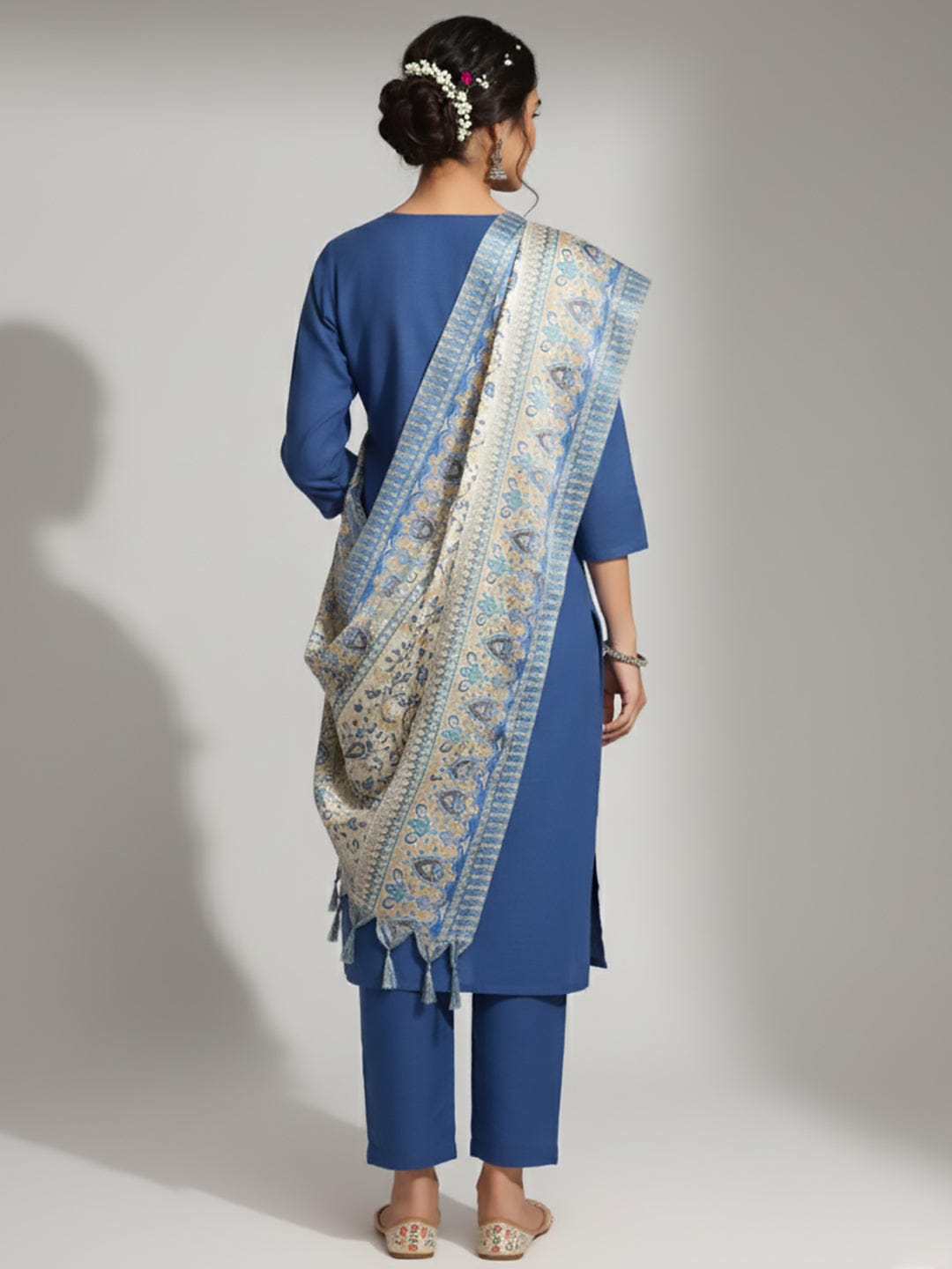 The Kurti Collection Women Embroidered Yoke Straight Kurta Paired With Tonal Bottom And Printed Bhagalpuri Dupatta