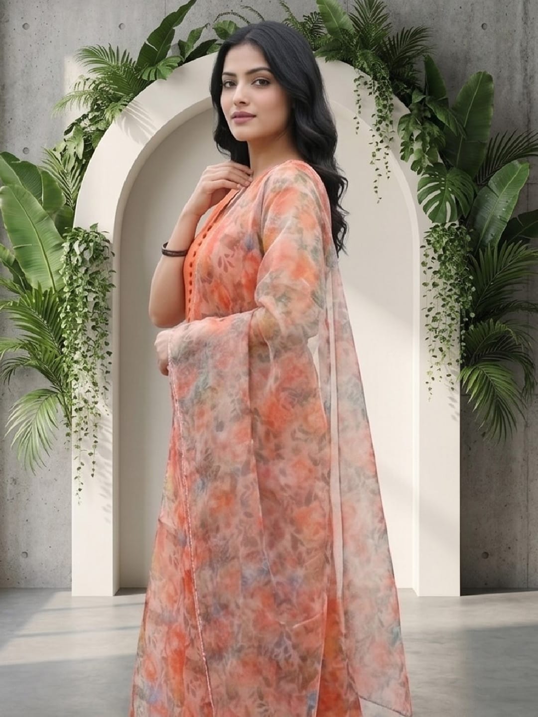 Sleeveless Orange Kurta with Floral Dupatta and Pants