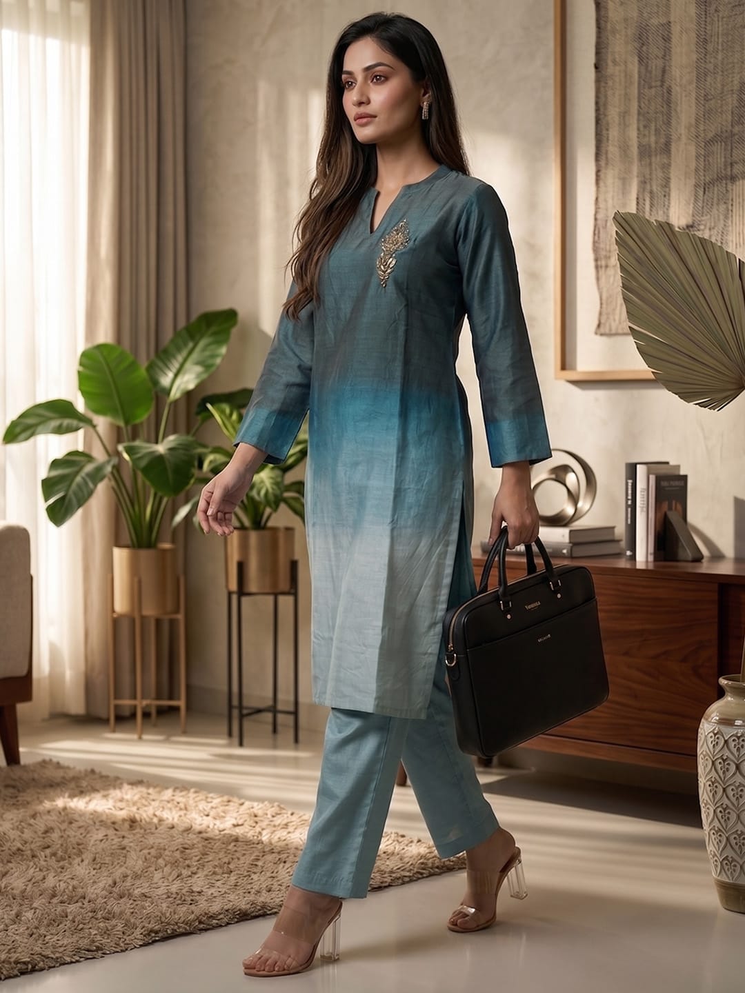 The Kurti Collection Women Mandarin Collar Placement Embroidered Kurta Paired With Tonal Bottom