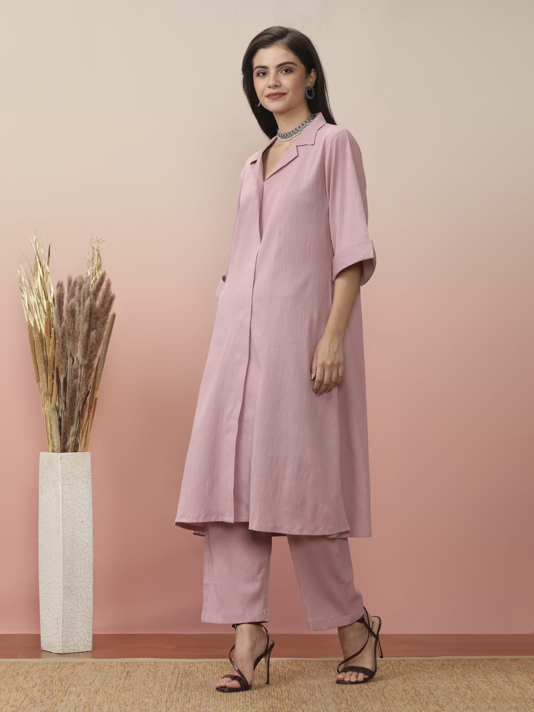 The Kurti Collection Women Pink Shirt Collar Neck A-Line Kurta Paired With Tonal Bottom