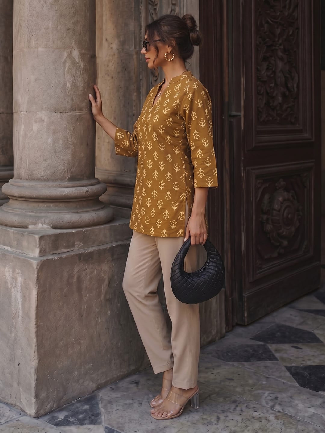 Women's Earthy Brown Block Print Short Kurta