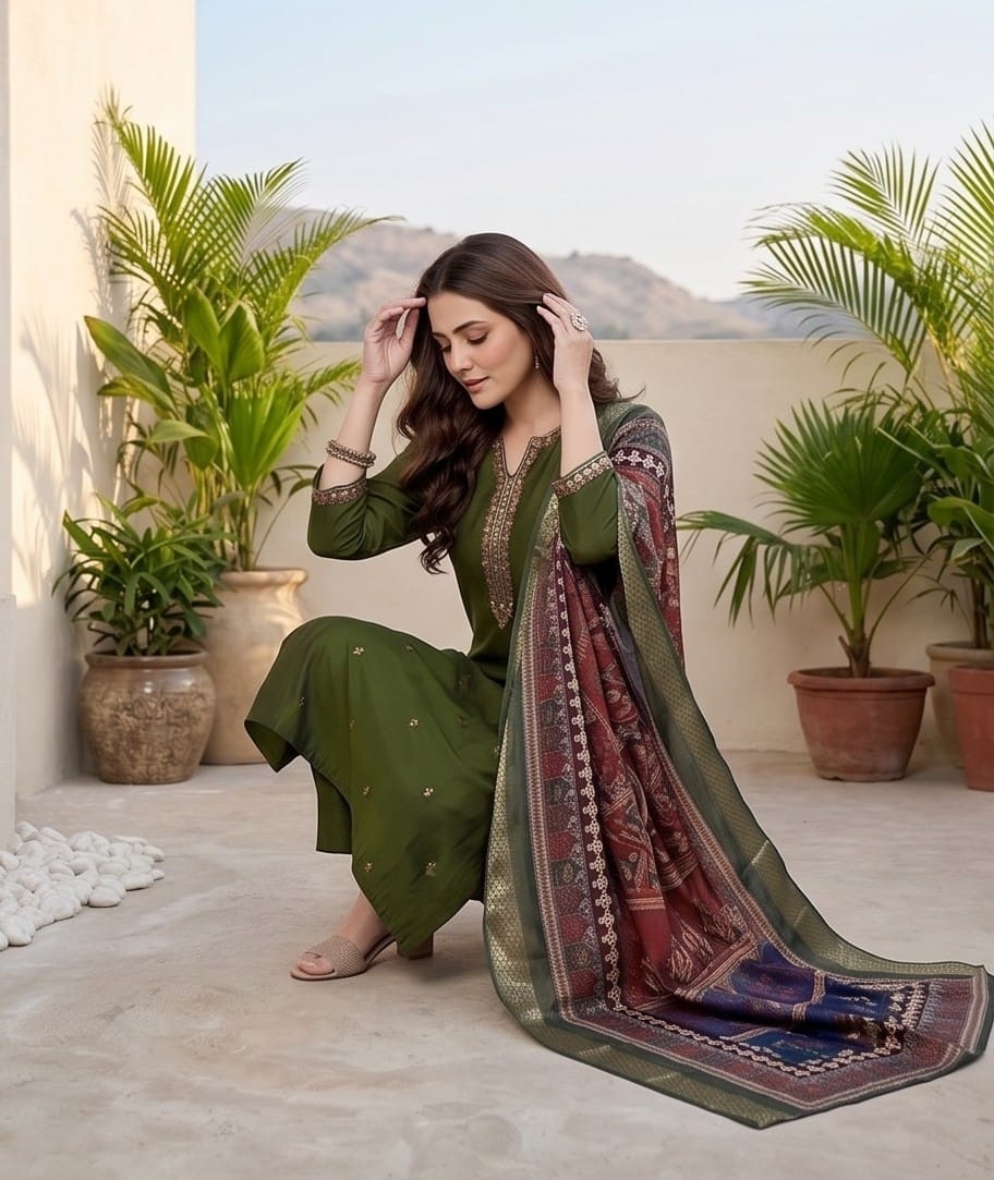 The Kurti Collection Women Olive Green Round Neck Kurta With Tonal Bottom & Printed Dupatta