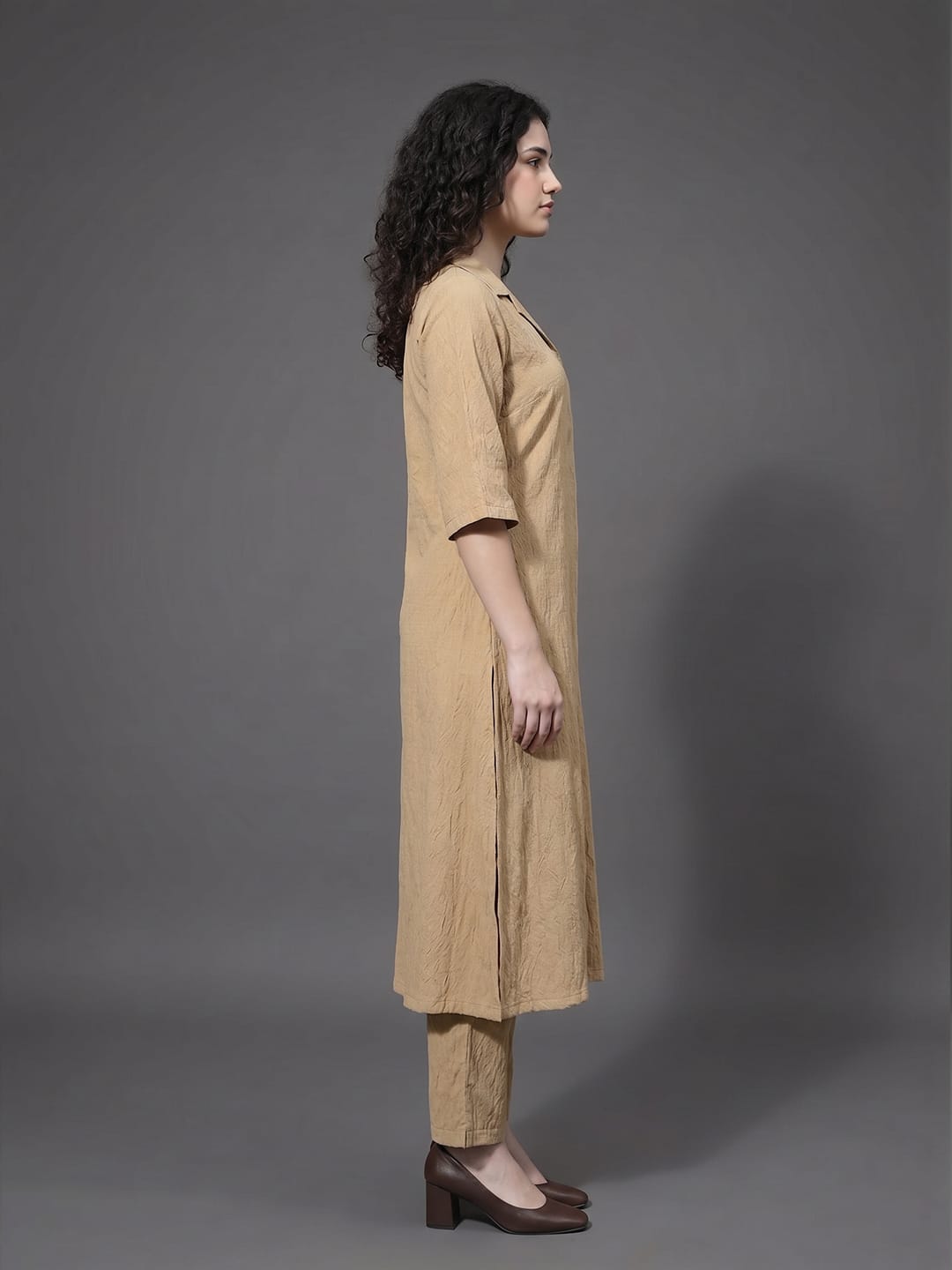 The Kurti Collection Women Mauve Shirt Collar Neck A-Line Kurta Paired With Tonal Bottom