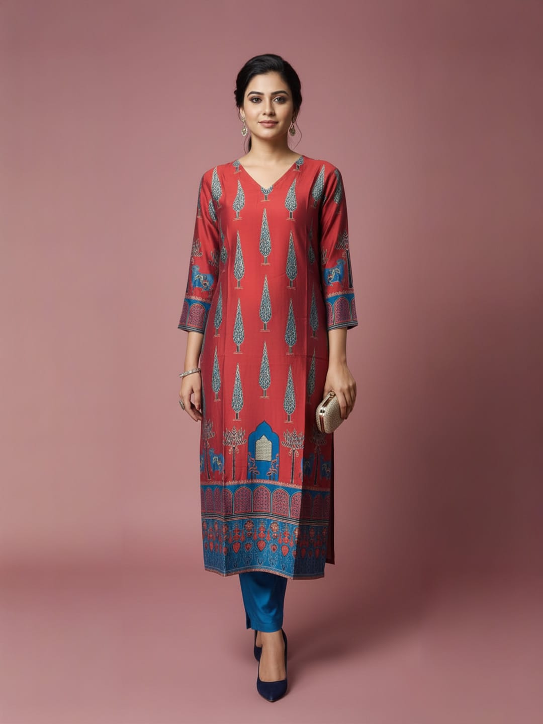 Midnight Rust V-Neck Kurta with Traditional Buta Print