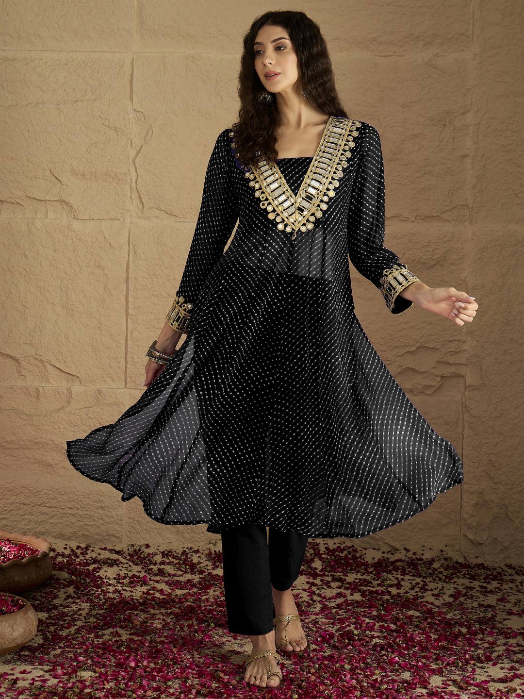 The Kurti Collection Women Graceful Beige Kurta Set Featuring Gota Patti Detailing, Paired With Solid Trousers