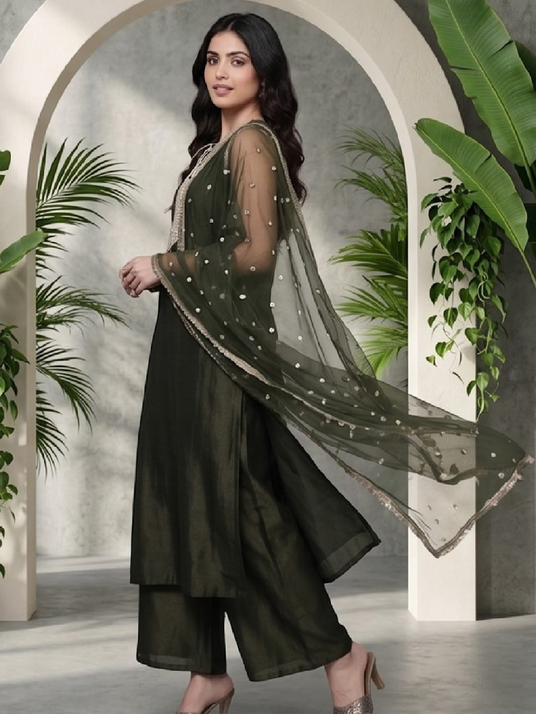 The Kurti Collection Women Olive Green Lace Embellished Sleeveless Straight Kurta Paired With Tonal Plazzo And Dupatta