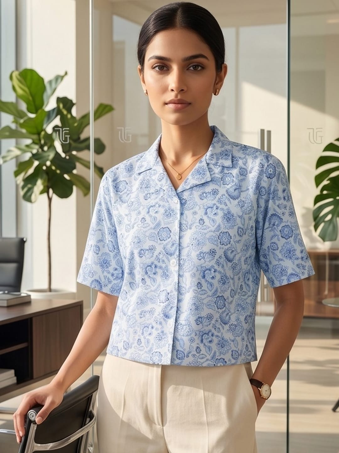 Blue Coloured Short Sleeves Shirt Collar Top