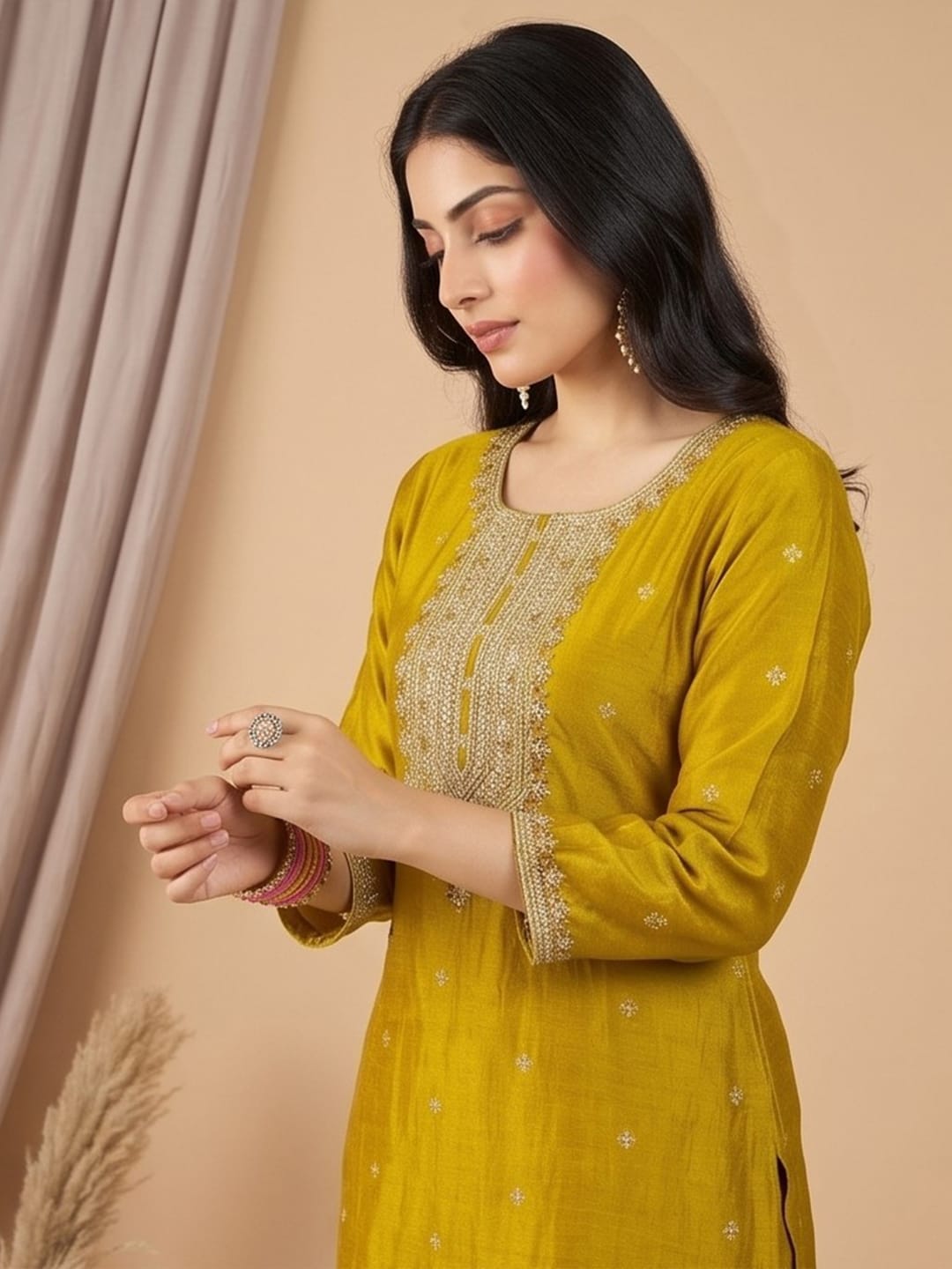 Kurta With Intricate Zari-Embroidered Yoke With Trousers And Zari-Accented Dupatta