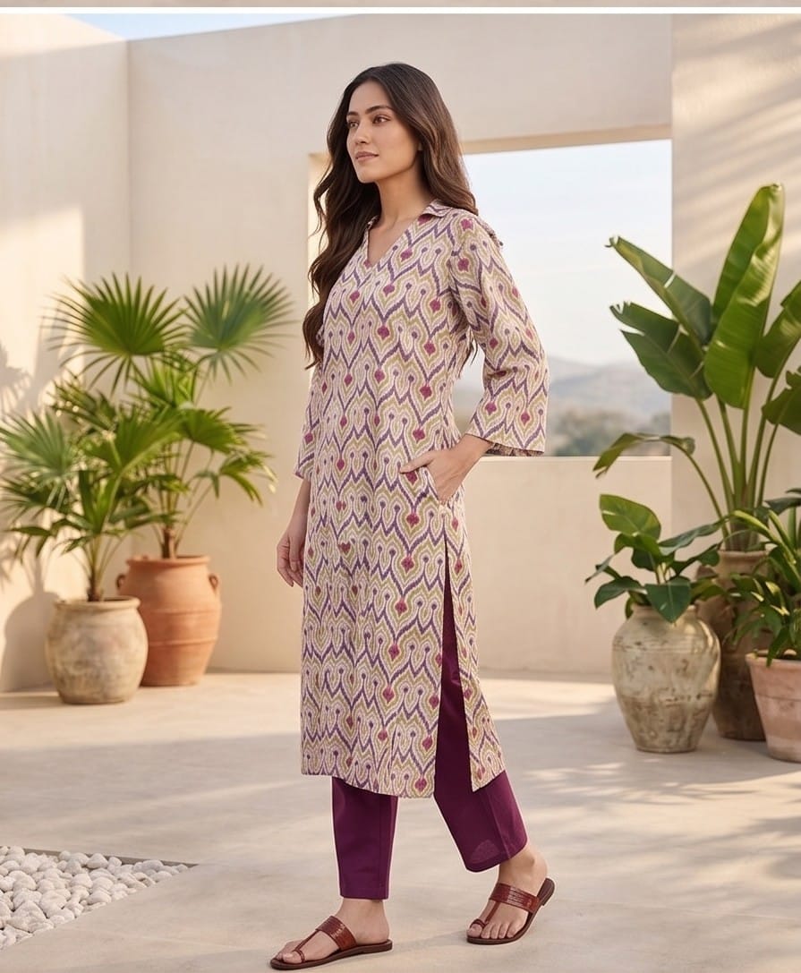 The Kurti Collection Women Off White Ikat Printed Shirt Collar Straight Kurta Paired With Violet Solid Bottom