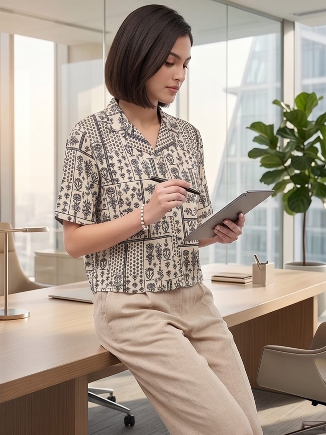 Beige Coloured Short Sleeves Shirt Collar Top