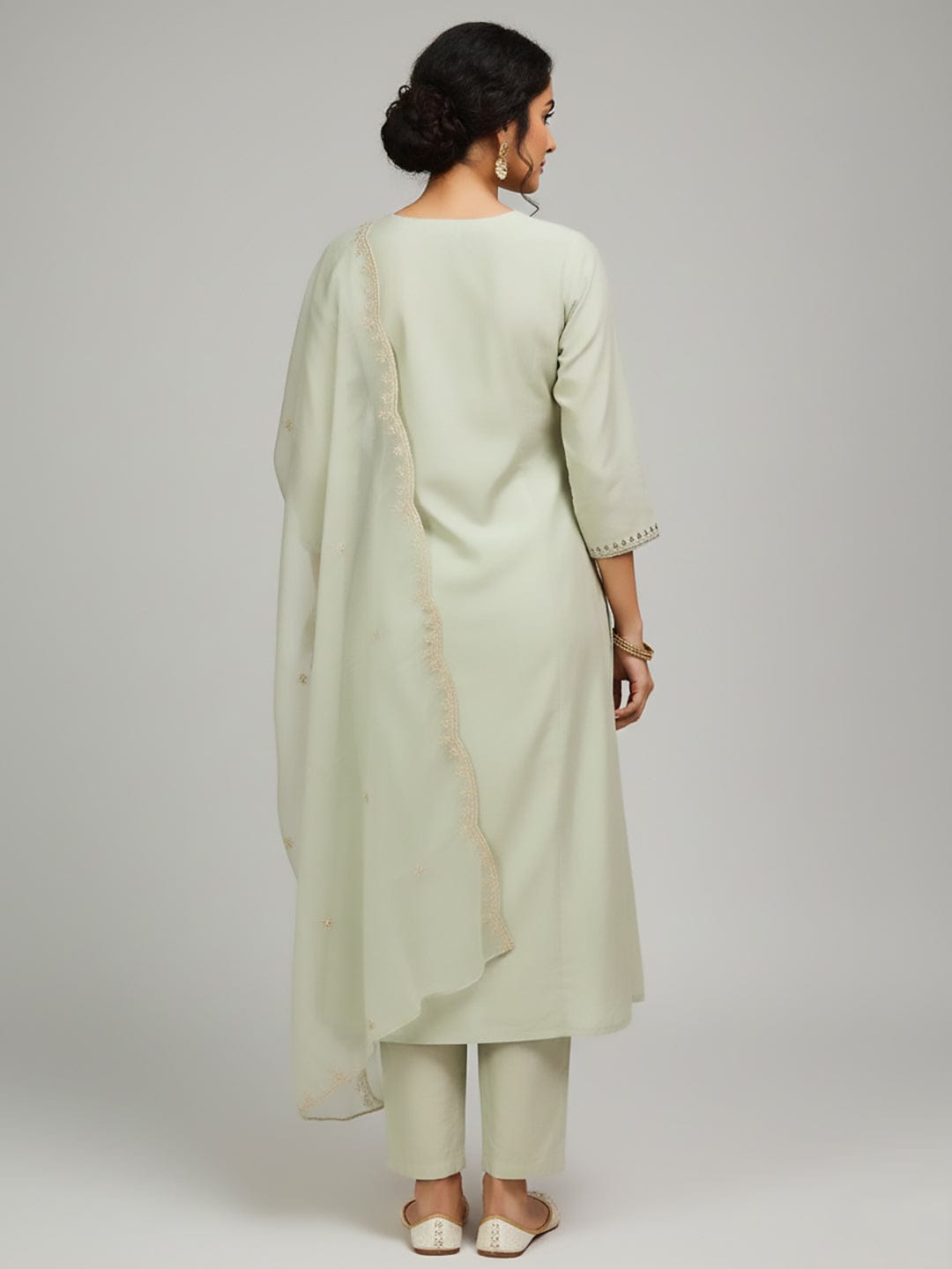 The Kurti Collection Women-Thread & Sequin Embroidered Yoke Kurta With Trouser & Scallop Dupatta
