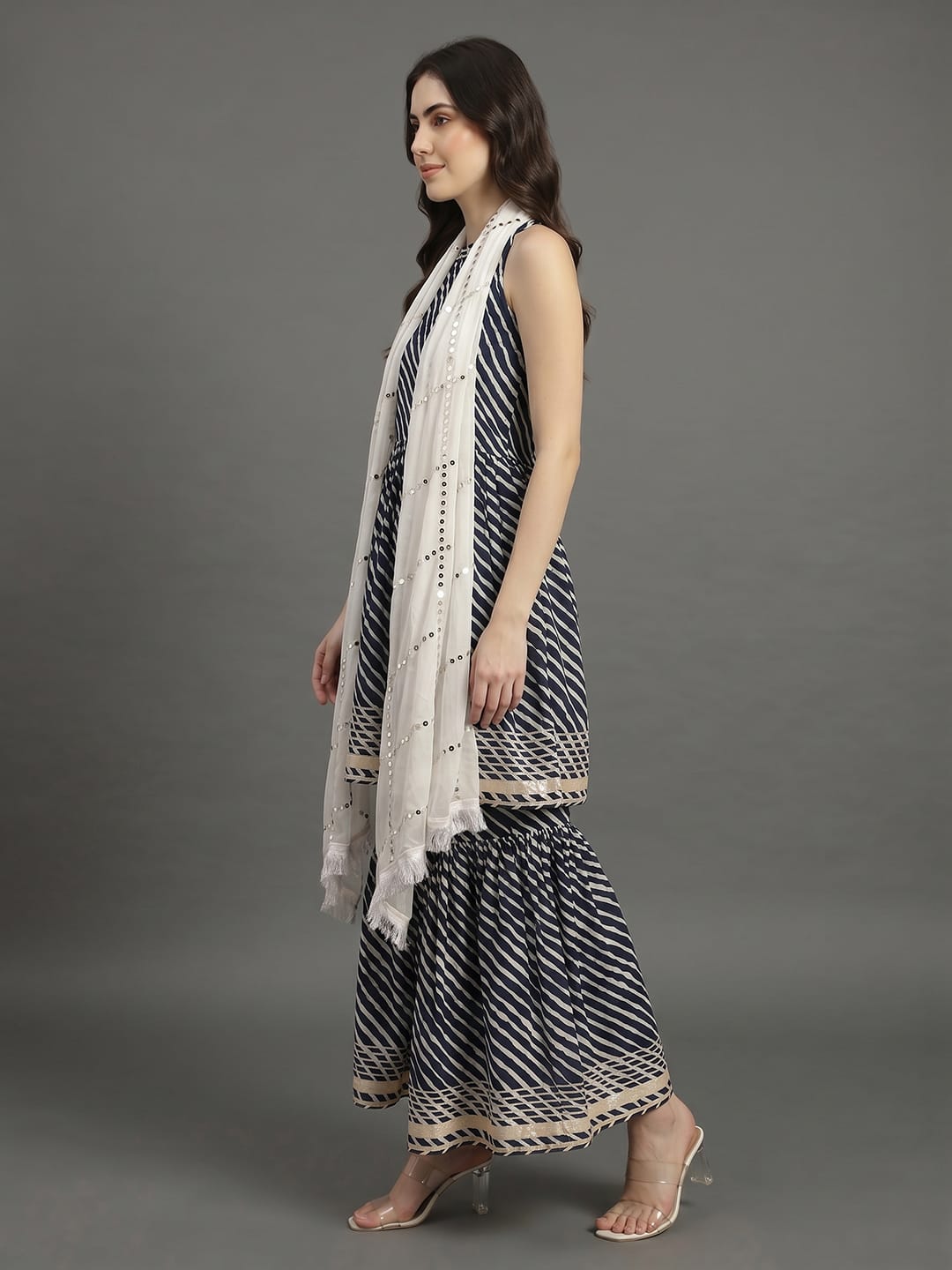 Blue And White Leheriya Halter Neckline Gota Work Kurta With Sharara And Sequins Emebllished Dupatta