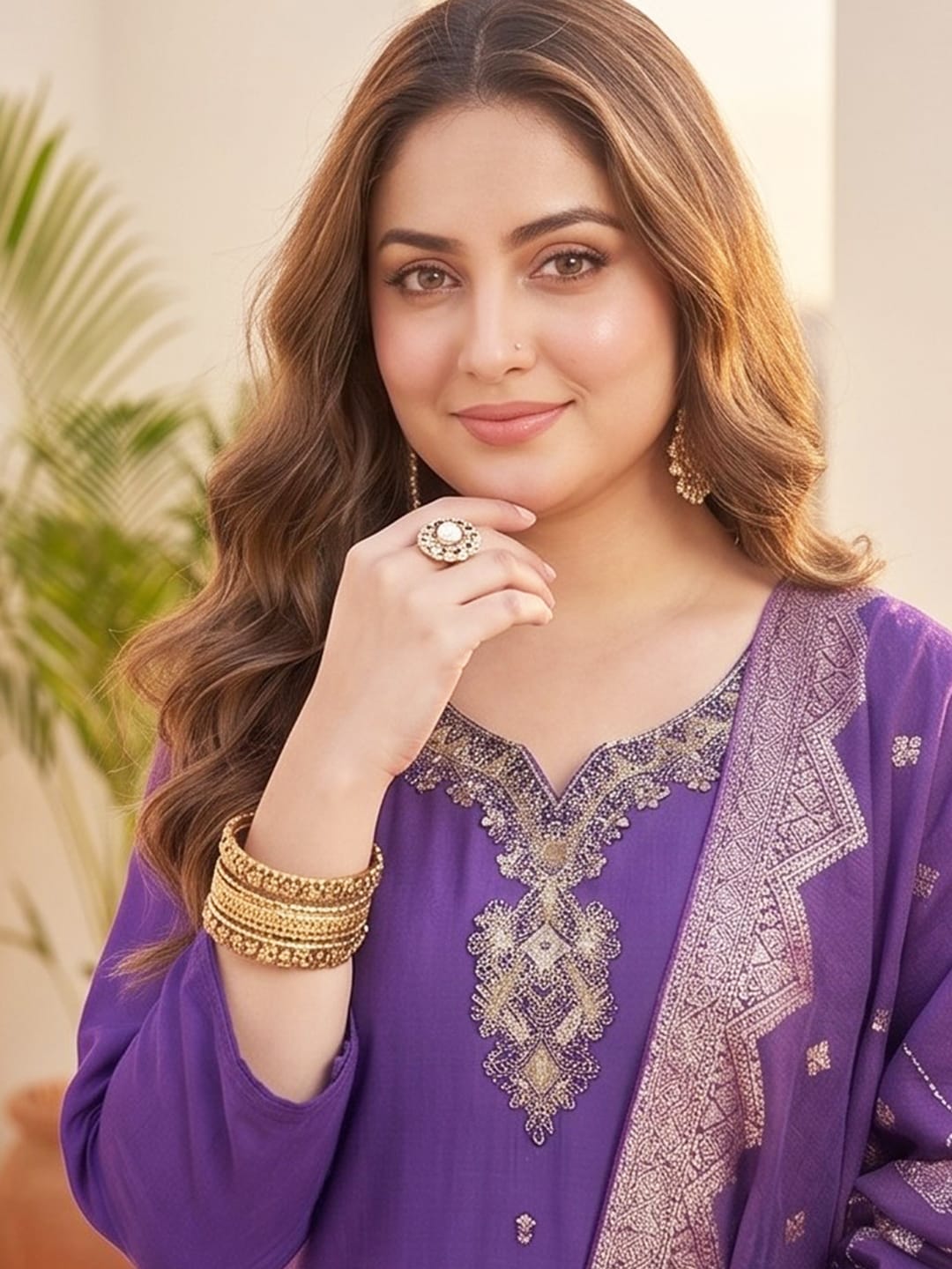 Kurta Set with solid ankle-length trousers, and a brocade dupatta