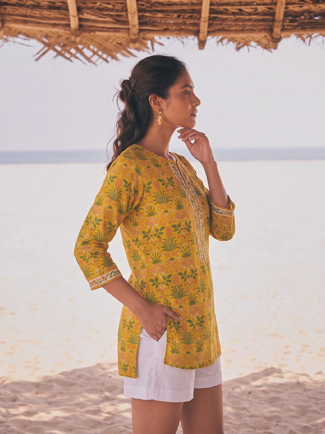Mustard Yellow Botanical Print Notch-Neck Short Kurta
