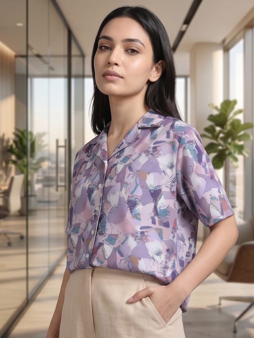 Mauve Coloured Short Sleeves Shirt Collar Top