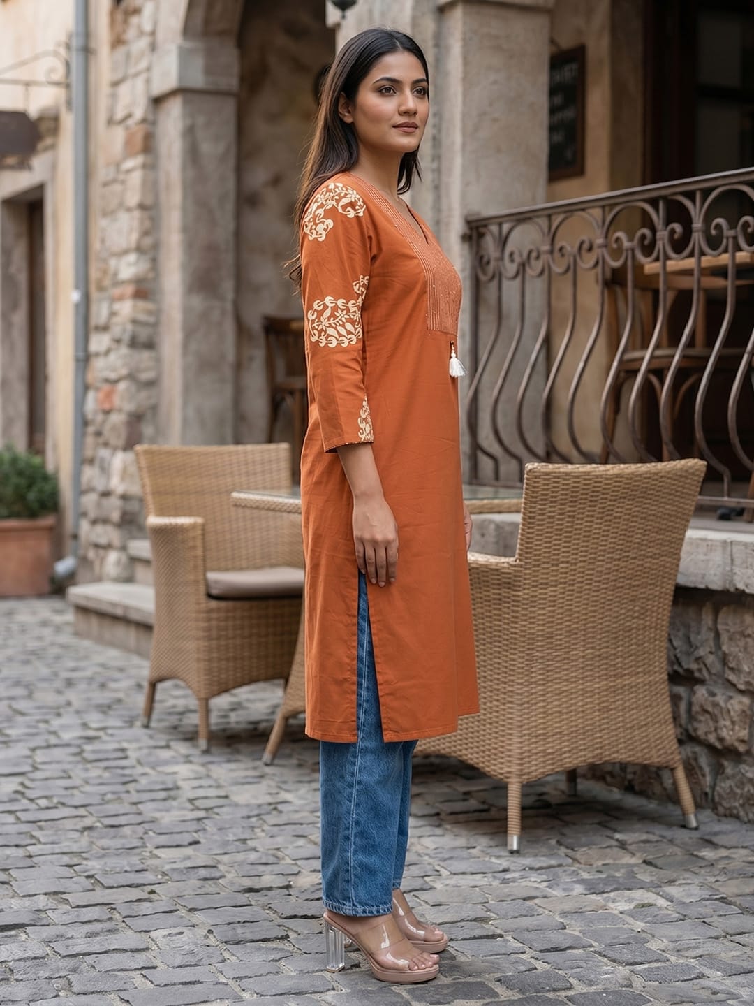 Rust Straight Kurta with Embroidered Yoke
