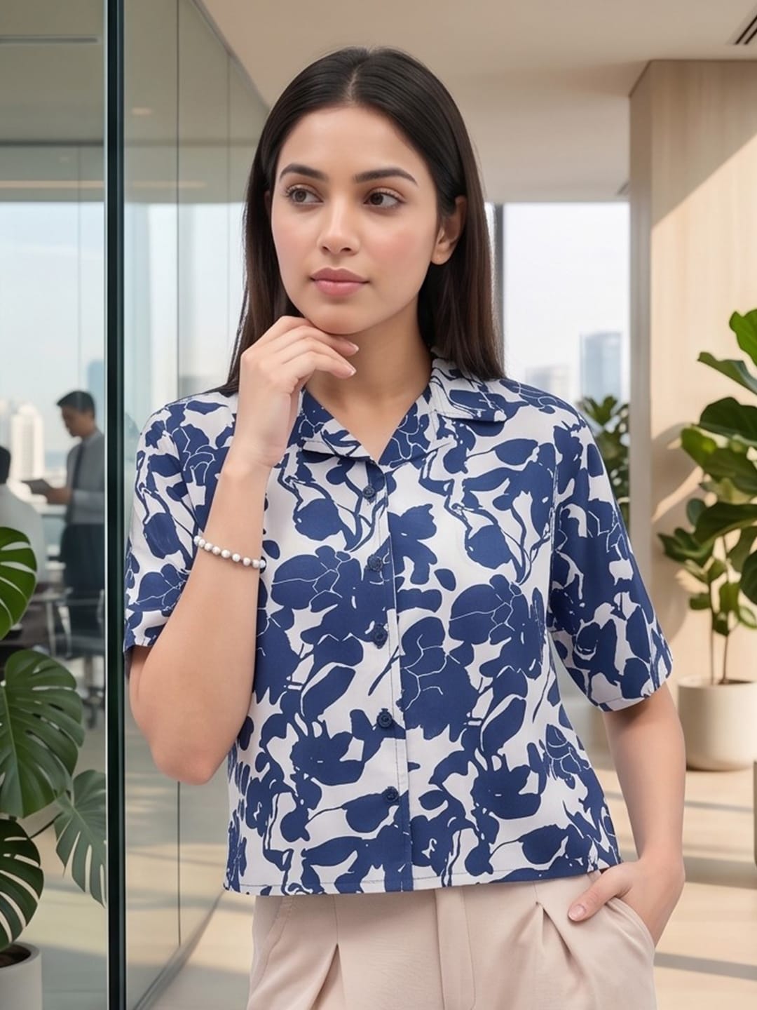 Blue Coloured Short Sleeves Shirt Collar Top
