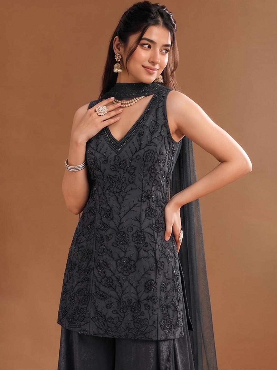 Women's Embroidered Shimmer Short Kurta With Palazzo And Dupatta
