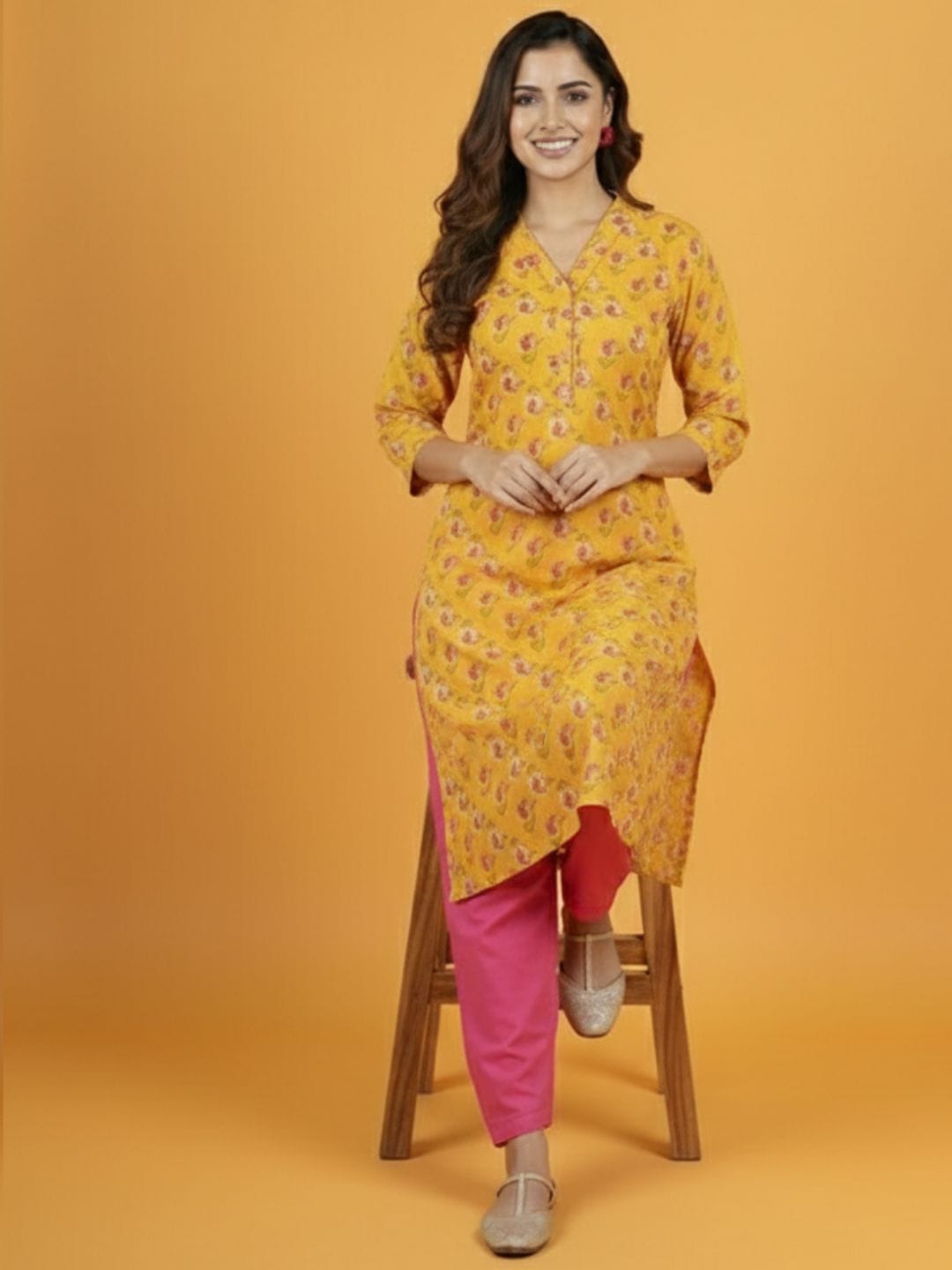 Mustard Printed Kurta & Contrast Pink Farsi Salwar Ensemble