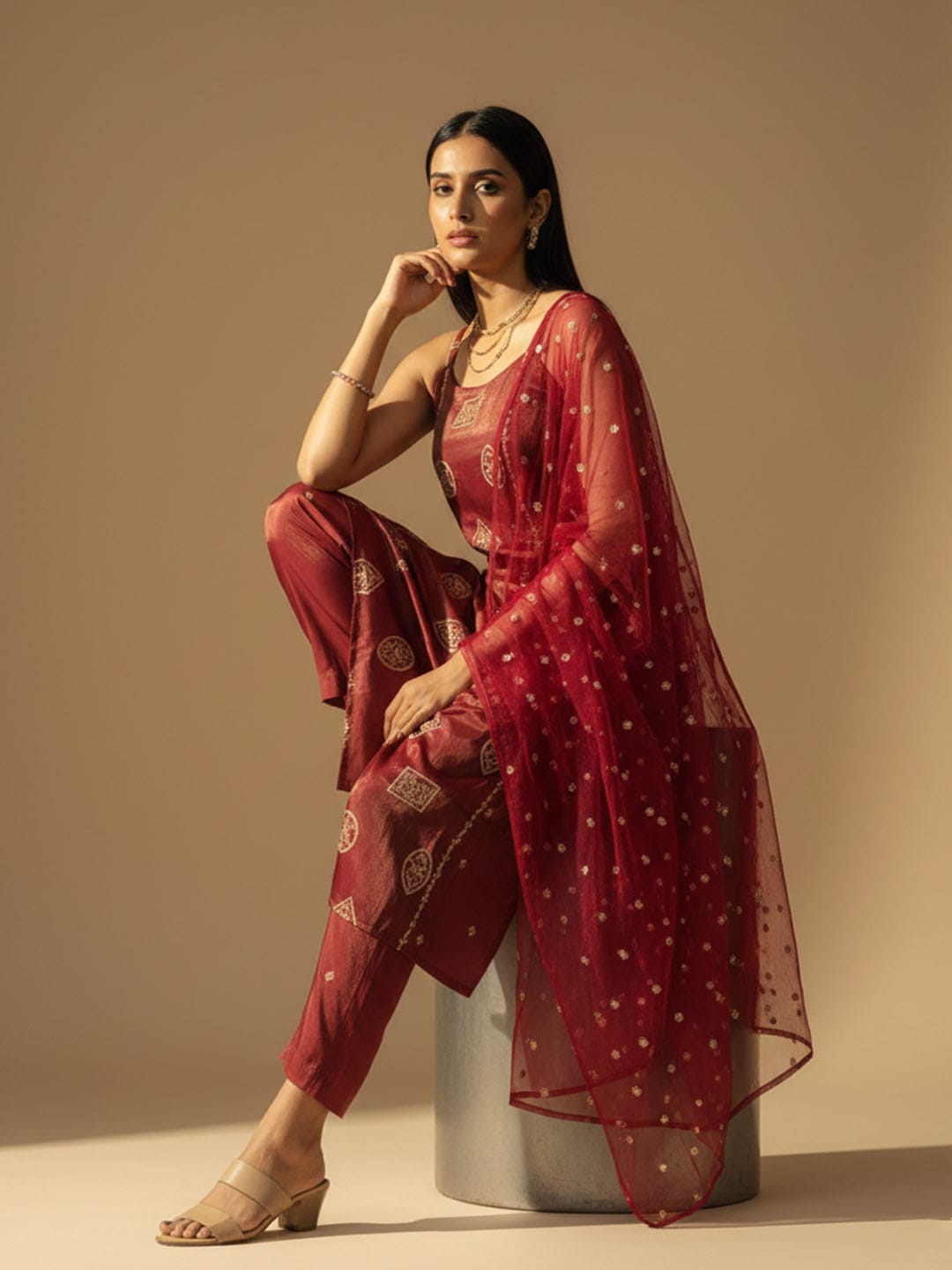 All Over Embroidered Halter Neck Kurta Set With Dupatta