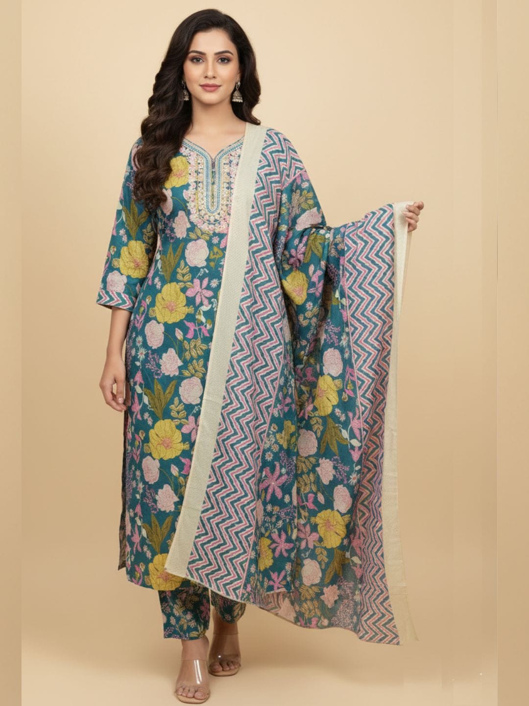 Soft Teal Botanical Print Suit set