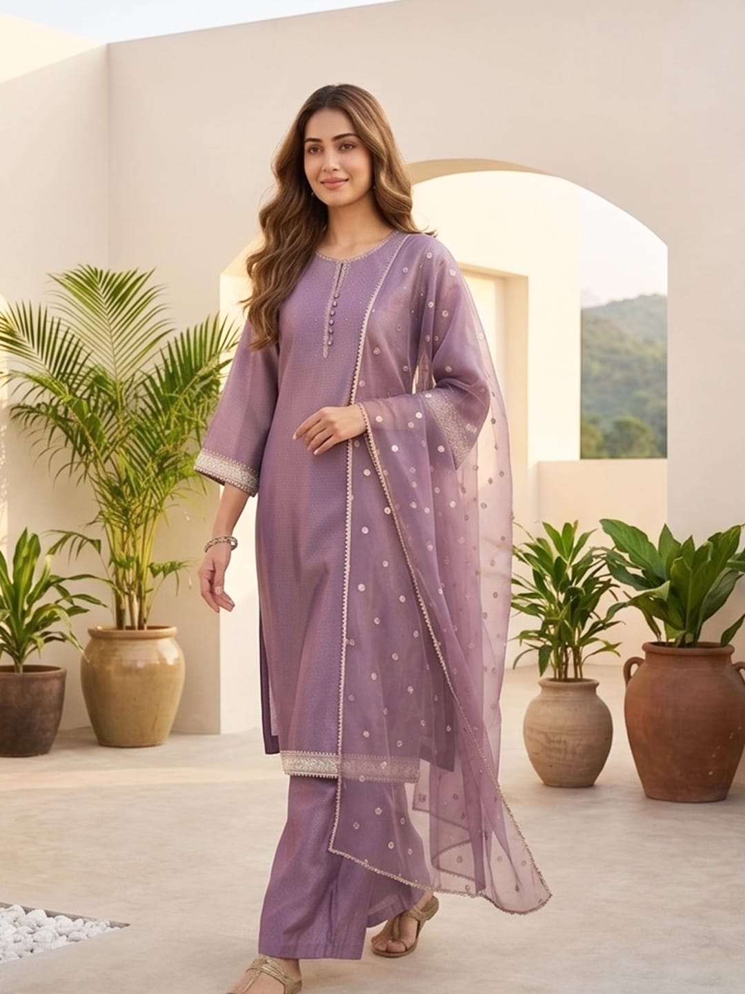 The Kurti Collection Women Elegant Three-Piece Brown Shimmer Kurta Set With Ankle-Length Trousers, And An Embroidered Dupatta