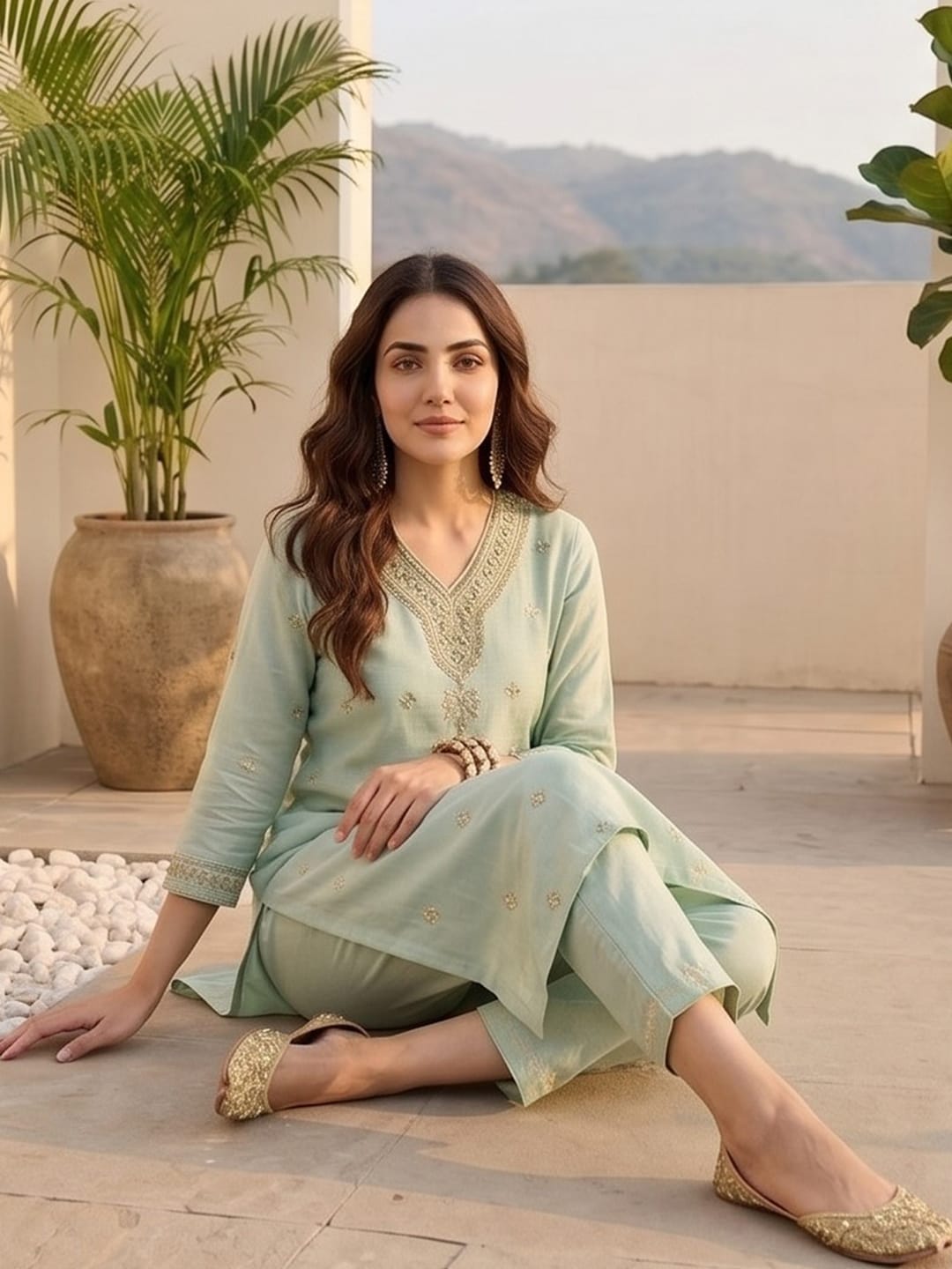 Zari-Embroidered Kurta Paired With Solid Trousers And A Tonal Dupatta .