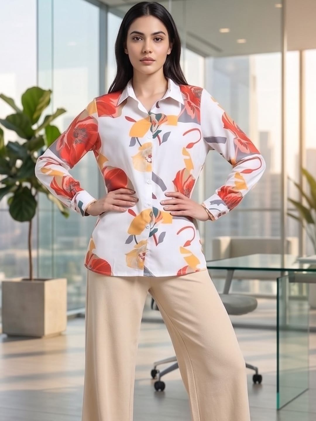 White Coloured Slim Collar Long Sleeves Floral Shirt