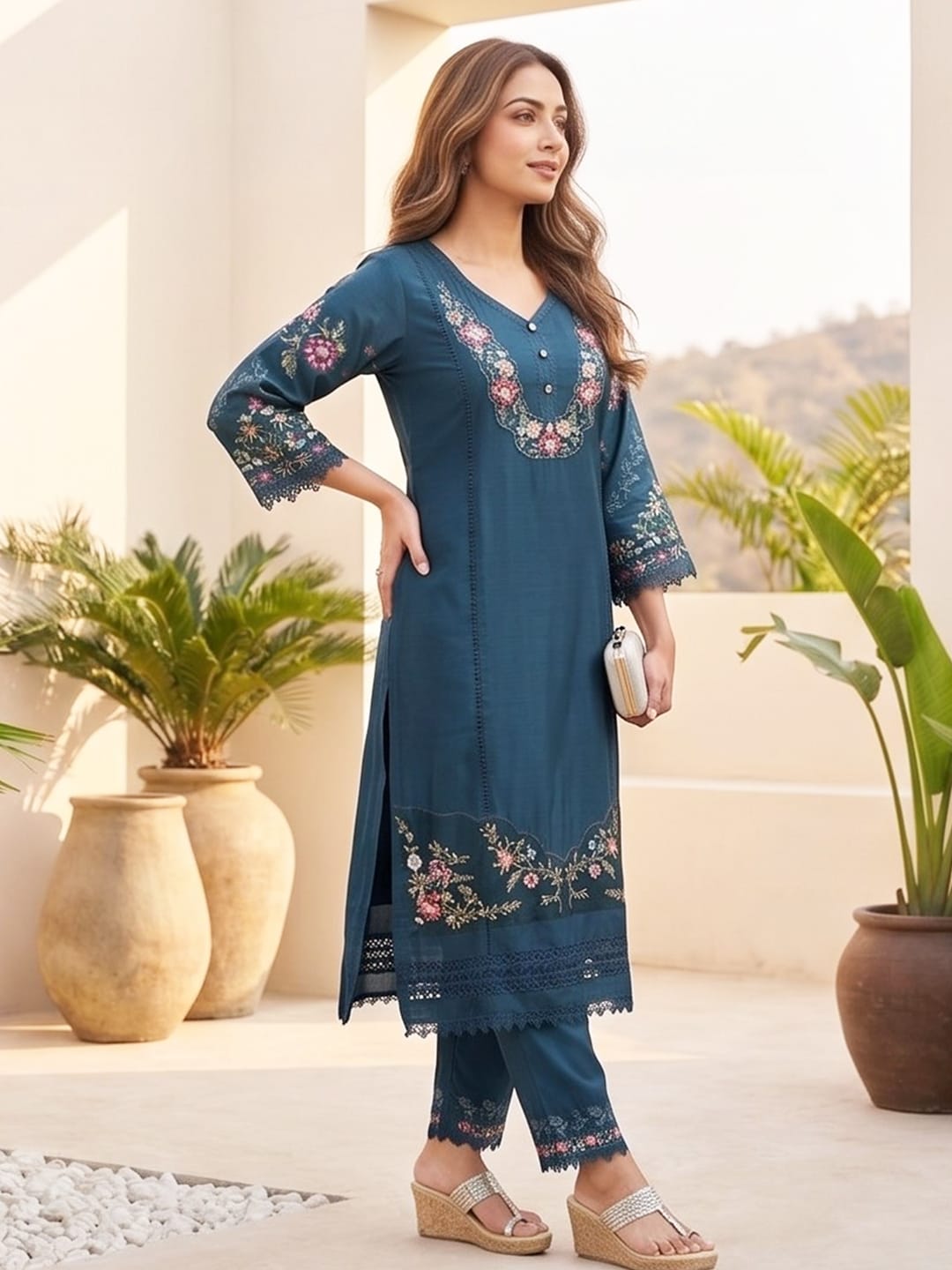 The Kurti Collection Women Floral Heavy Thread Embroidered Schffili Hem Kurta With Trouser & Dupatta