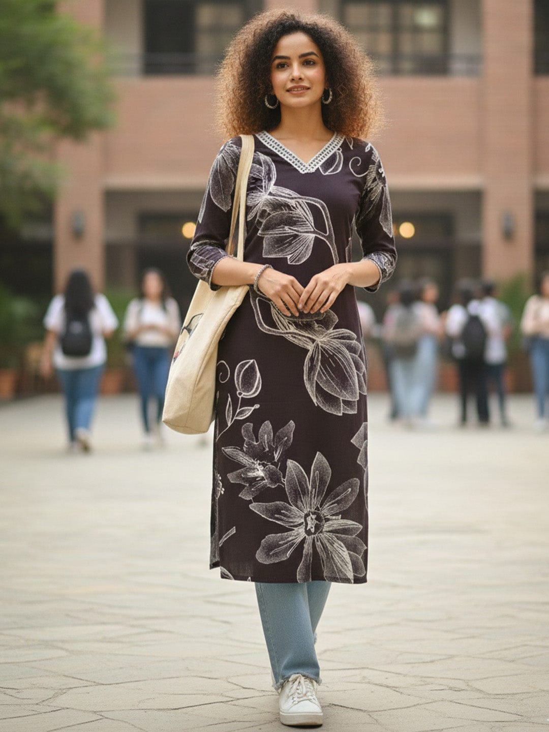 The Kurti Collection The Noir Floral Plum Kurta