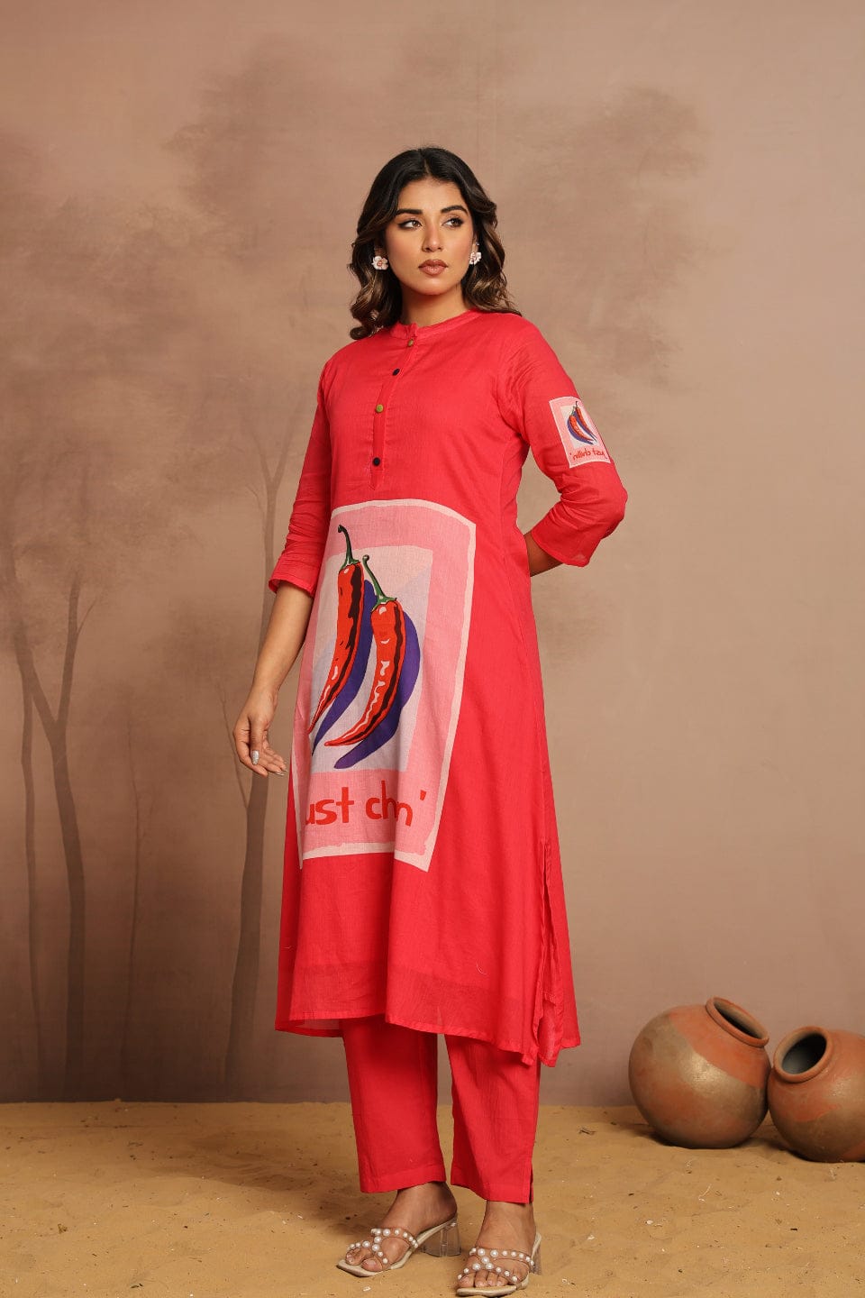 Abstract Crimson0 Front-Graphic Button-Down Kurta Set