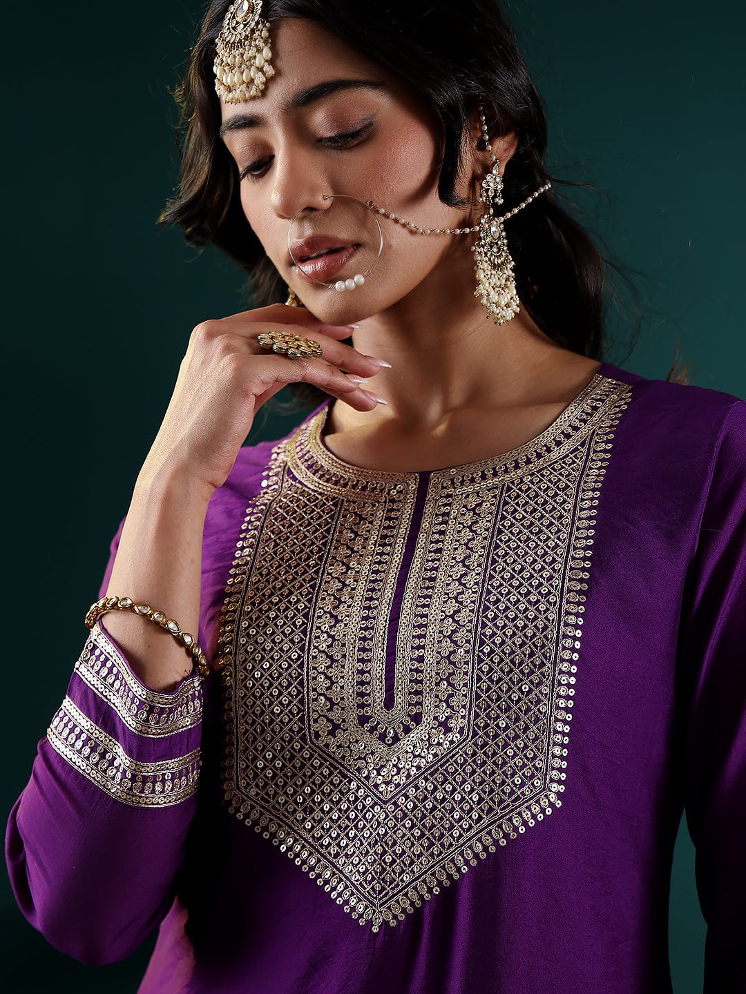 The Kurti Collection Women Pruple Zari Embroidered Kurta With Bottom And Dupatta