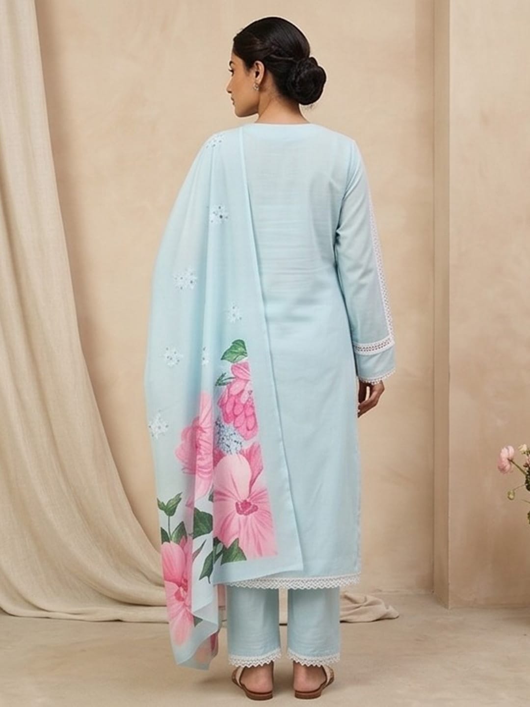 The Kurti Collection Women Sky Blue Straight-Fit Kurta With Printed Dupatta