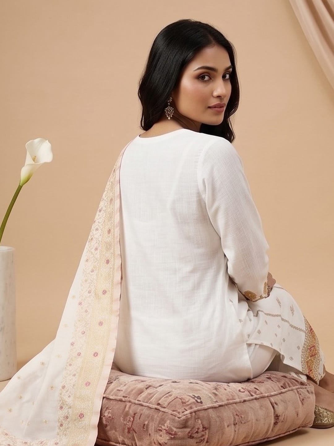 The Kurti Collection Women Elegant White 3-Piece Suit Set With Woven Kurta, Straight Pants, And A Rich Brocade Dupatta.