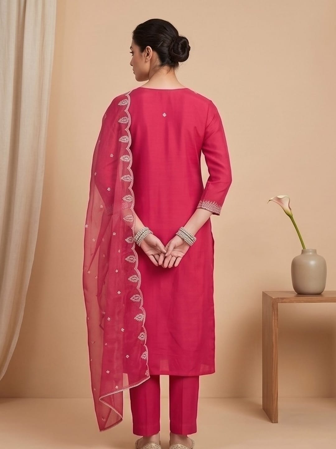 Fuchsia Straight-Fit Kurta Set With Solid Ankle-Length Trousers And An Embroidered Dupatta