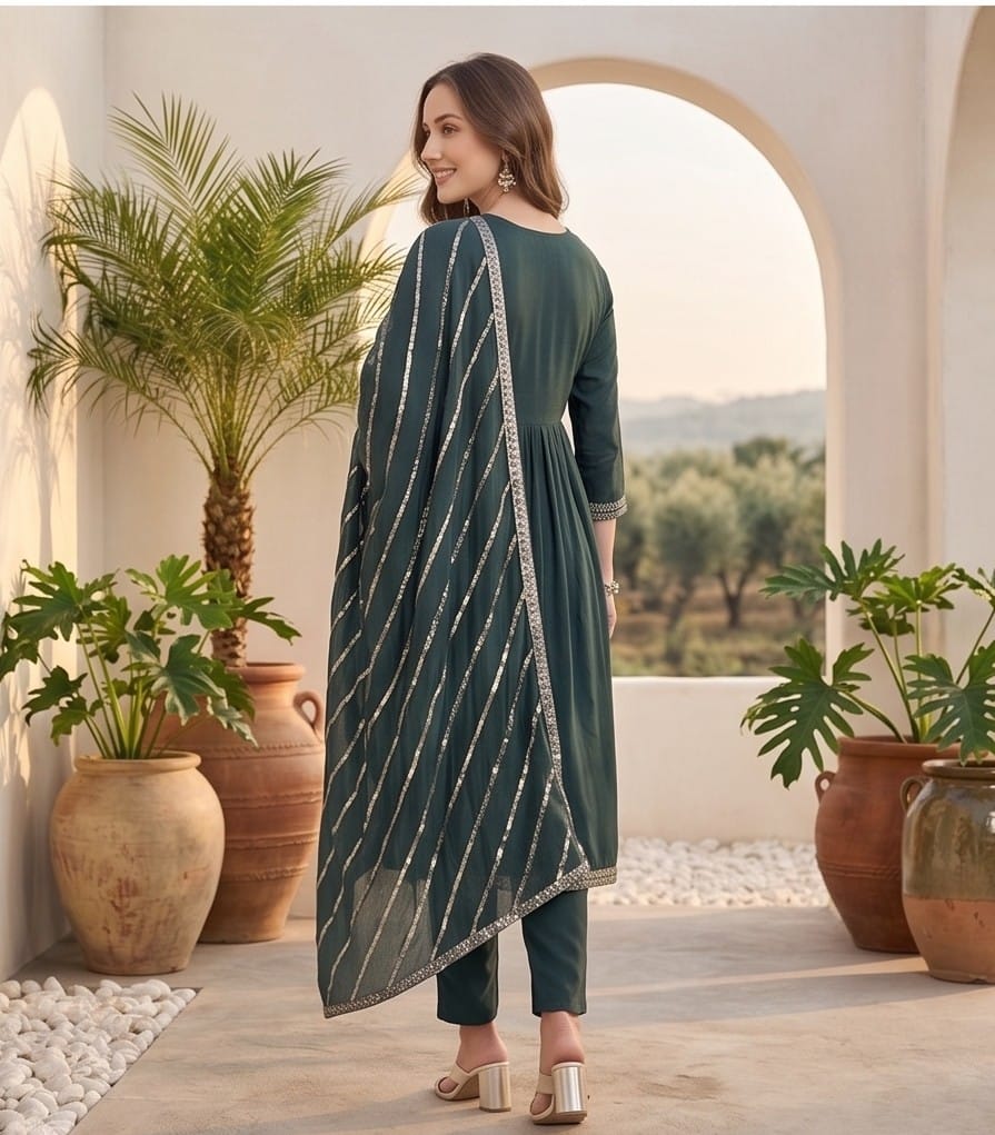 The Kurti Collection Women Grey Yoke Embroidered Straight Kurta Paired With Tonal Solid Bottom And Dupatta
