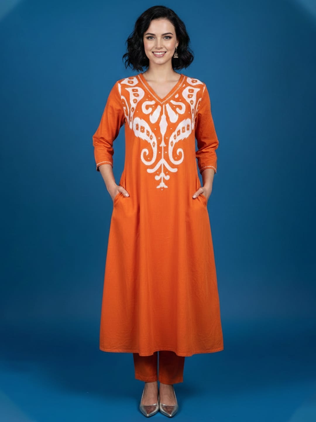Tangerine Dream Ikkat V-Neck Kurta set