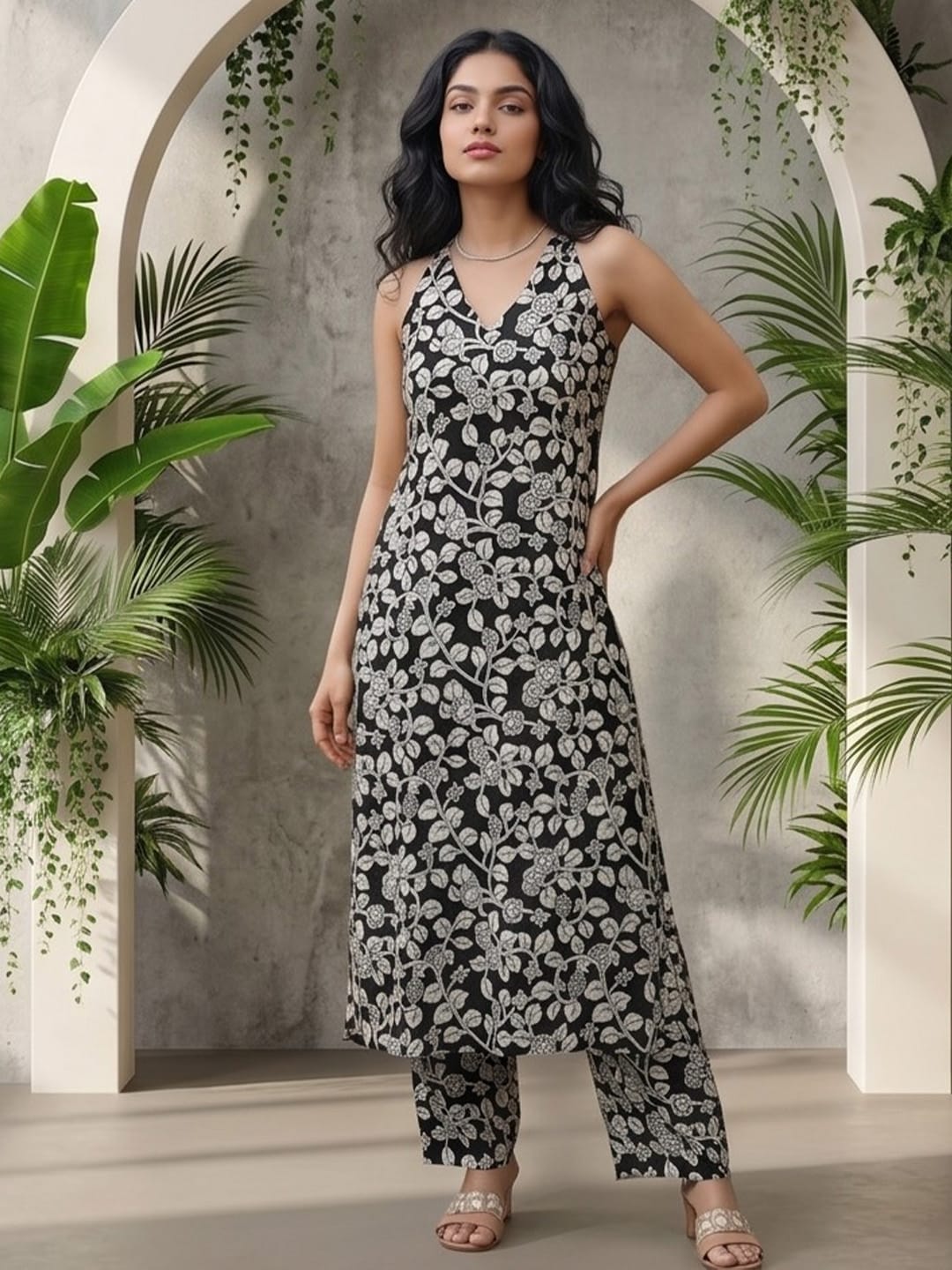 Sleeveless halter-neck floral kurta set in black and white tone, styled with printed full-length trousers.