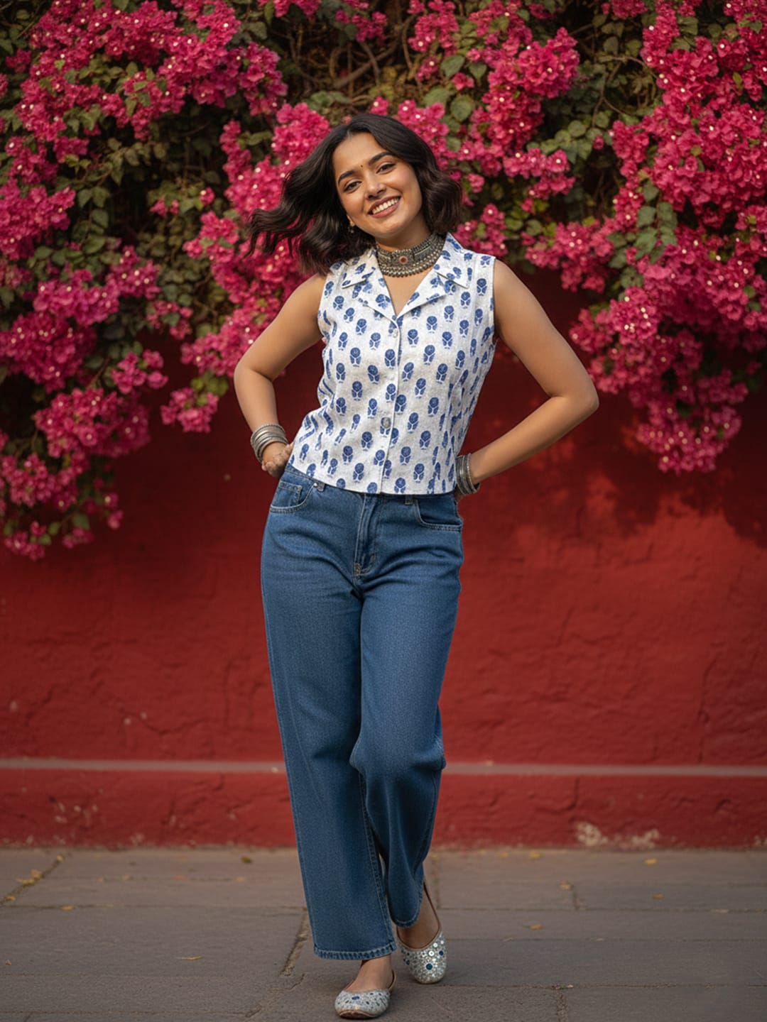 Indigo Block-Print Sleeveless Collared Crop Shirt