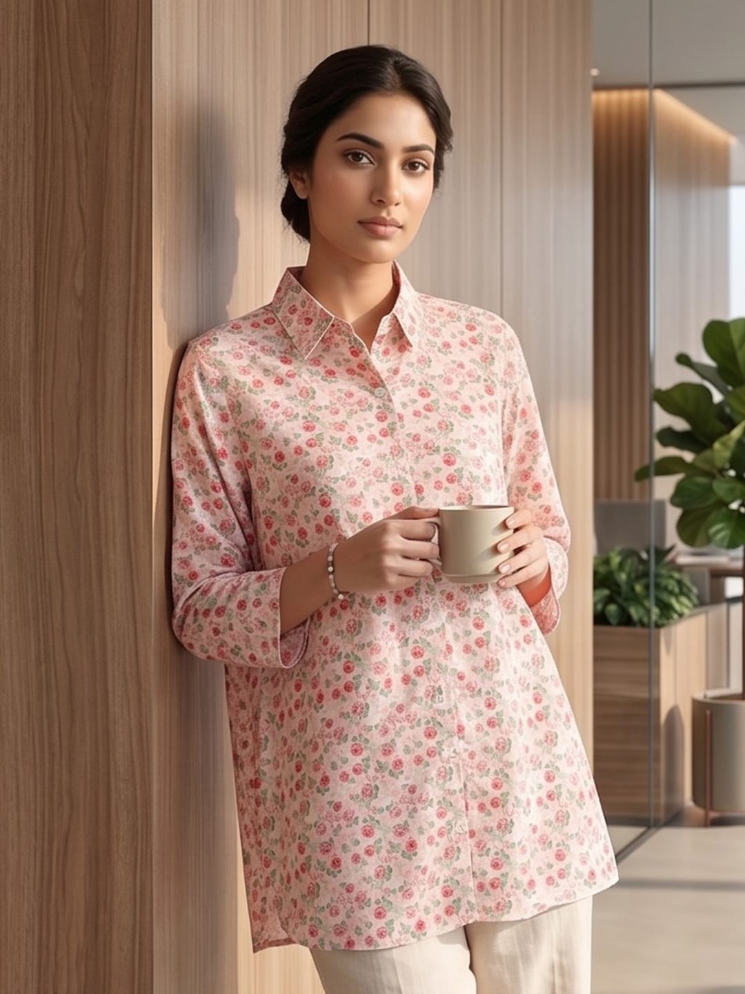 Red Coloured Slim Collar Long Sleeves Floral Shirt